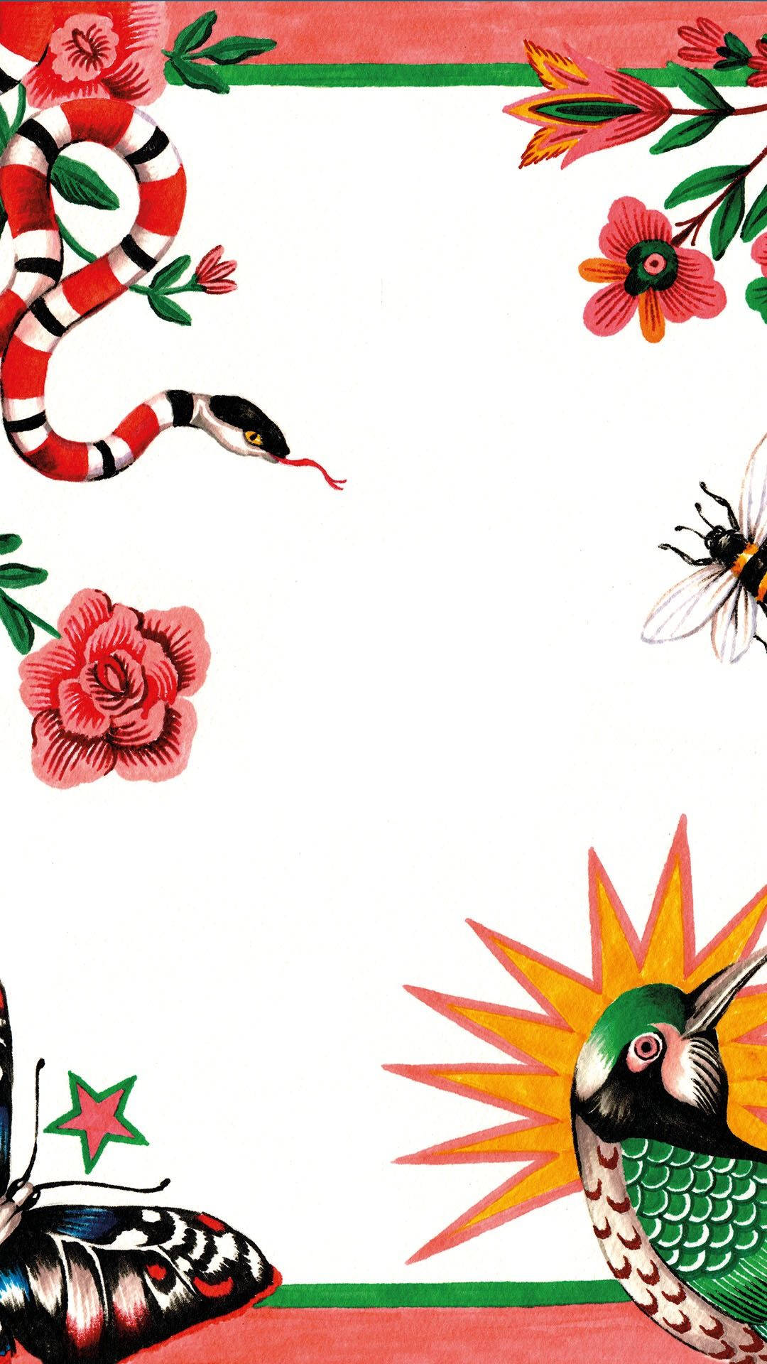 Gucci Studio, red-and-white snake, hummingbird, Full HD Phone Wallpaper