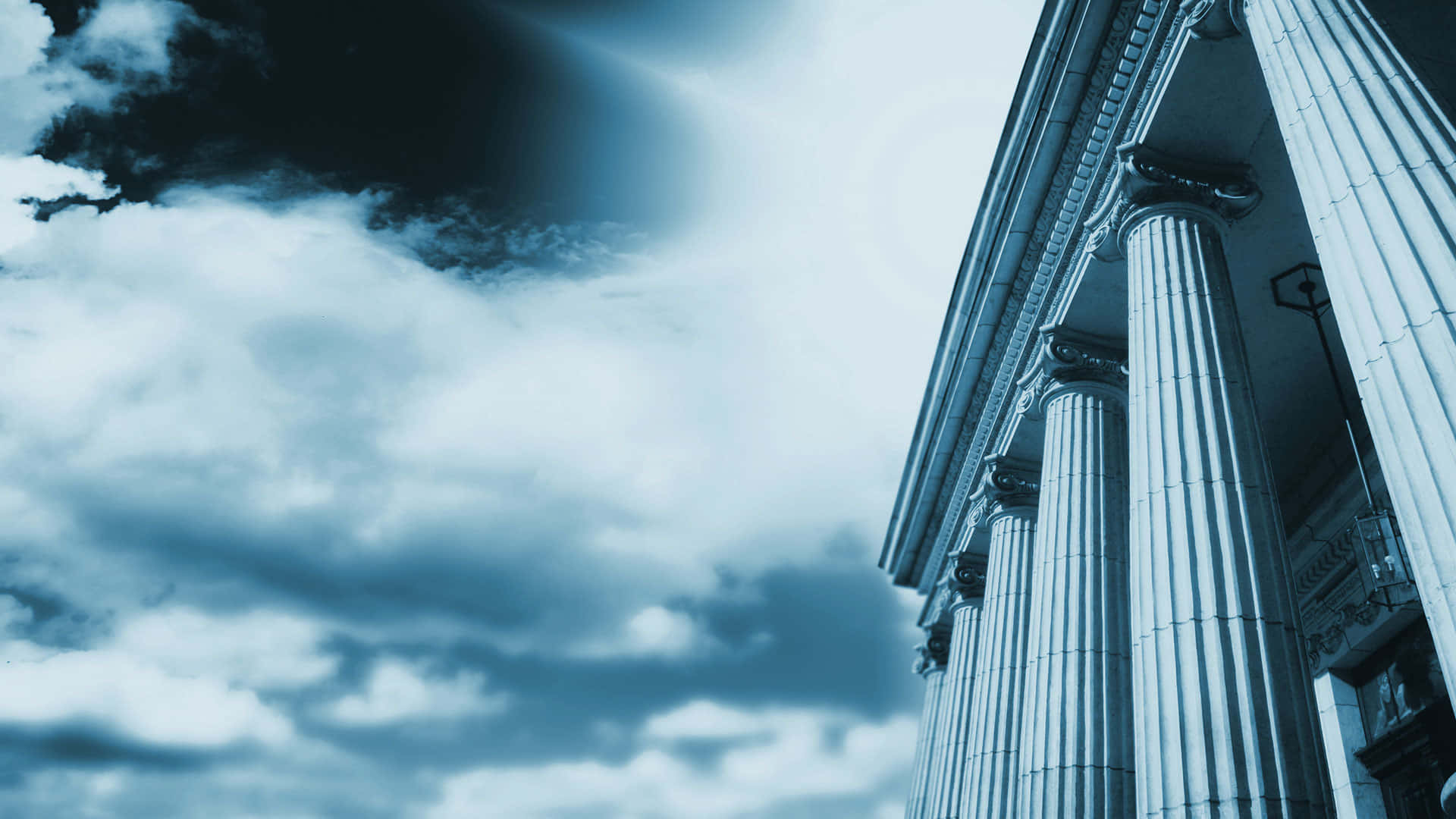 neoclassical columns, cloudy sky, cool blue tones, Full HD Desktop Wallpaper