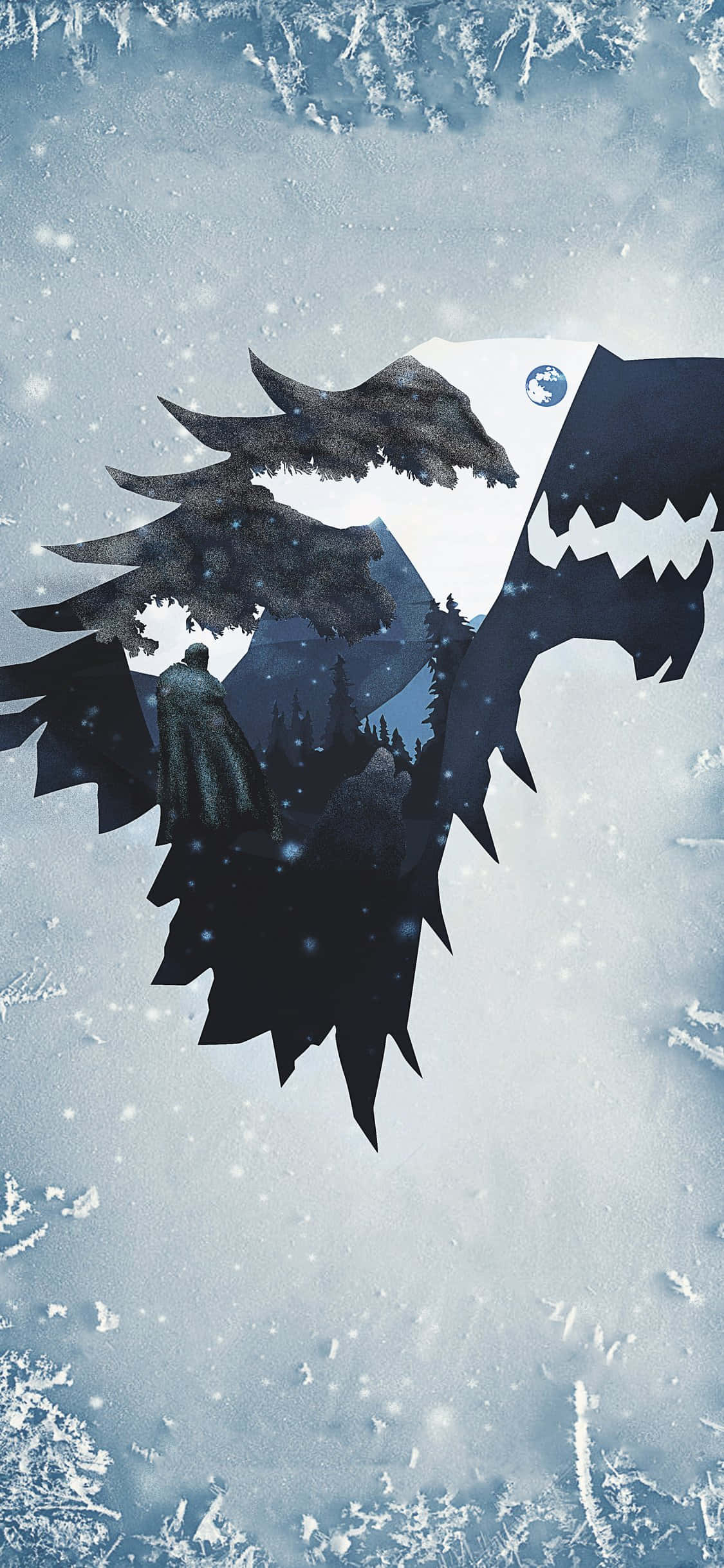 House Stark, direwolf silhouette, snowy forest, Full HD Phone Wallpaper