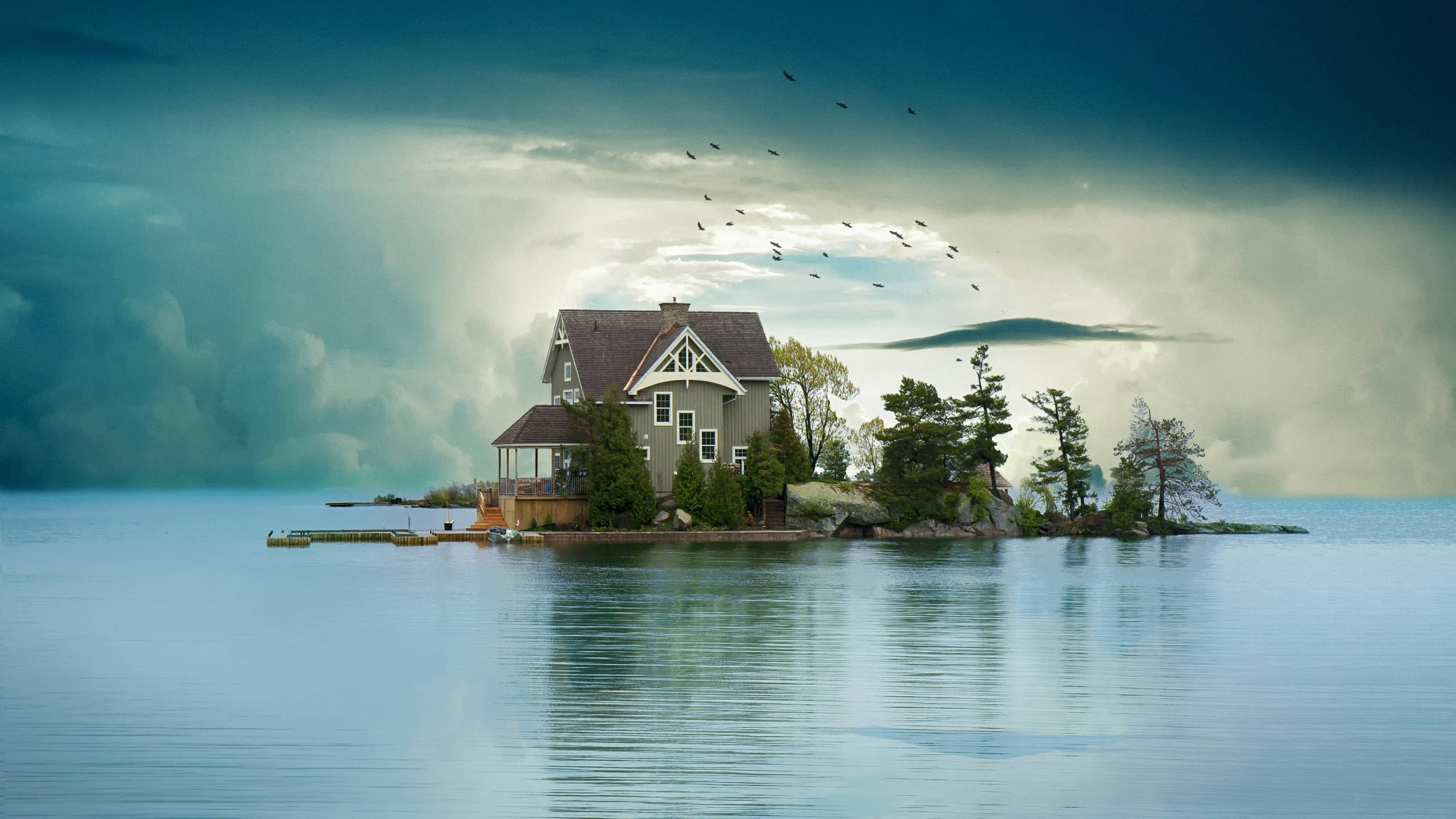 fantasy house, island, misty water, 2K Desktop Wallpaper