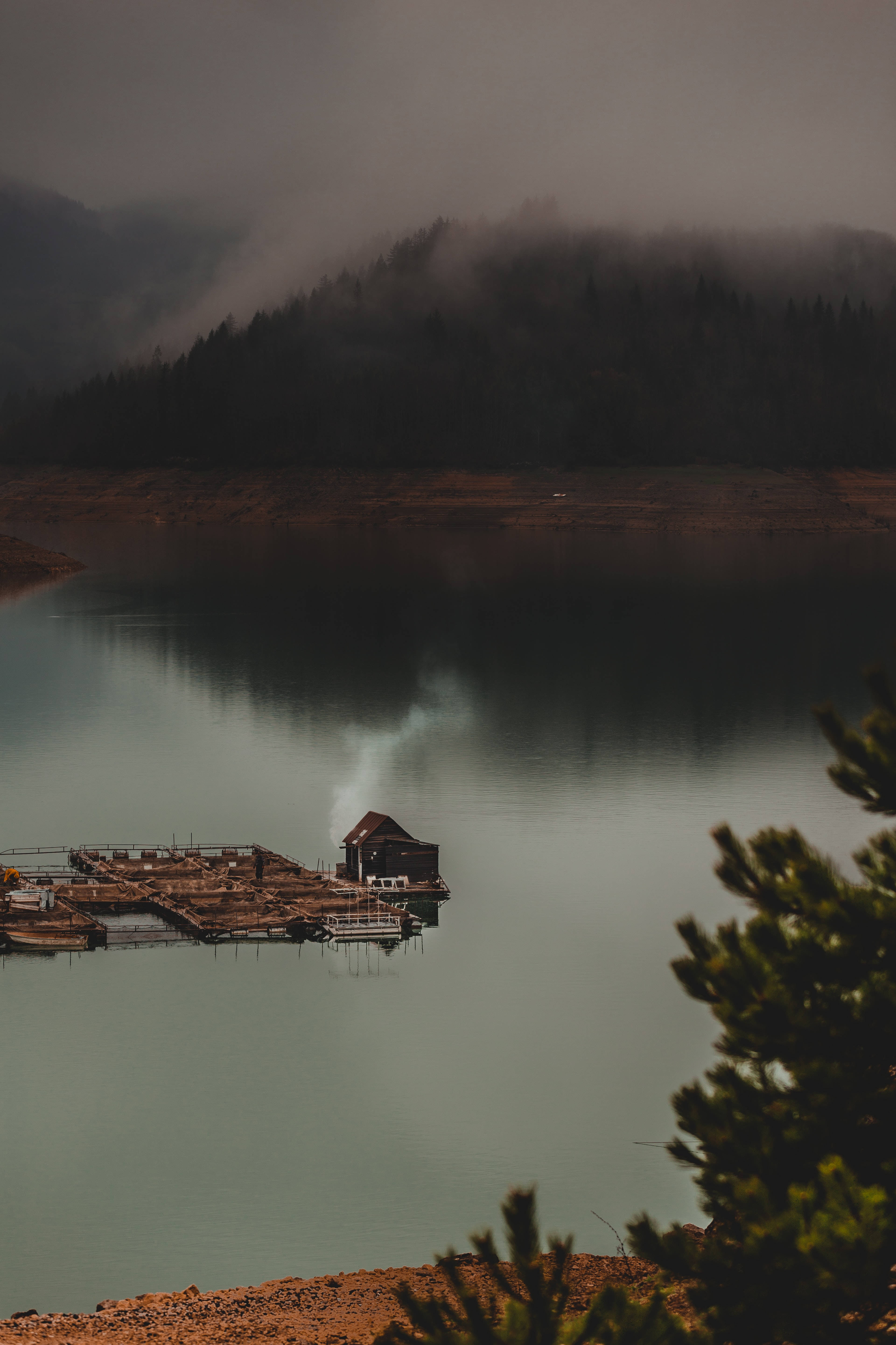 Forest Lake House, misty mountain lake, wooden cabin, 5K Phone Wallpaper