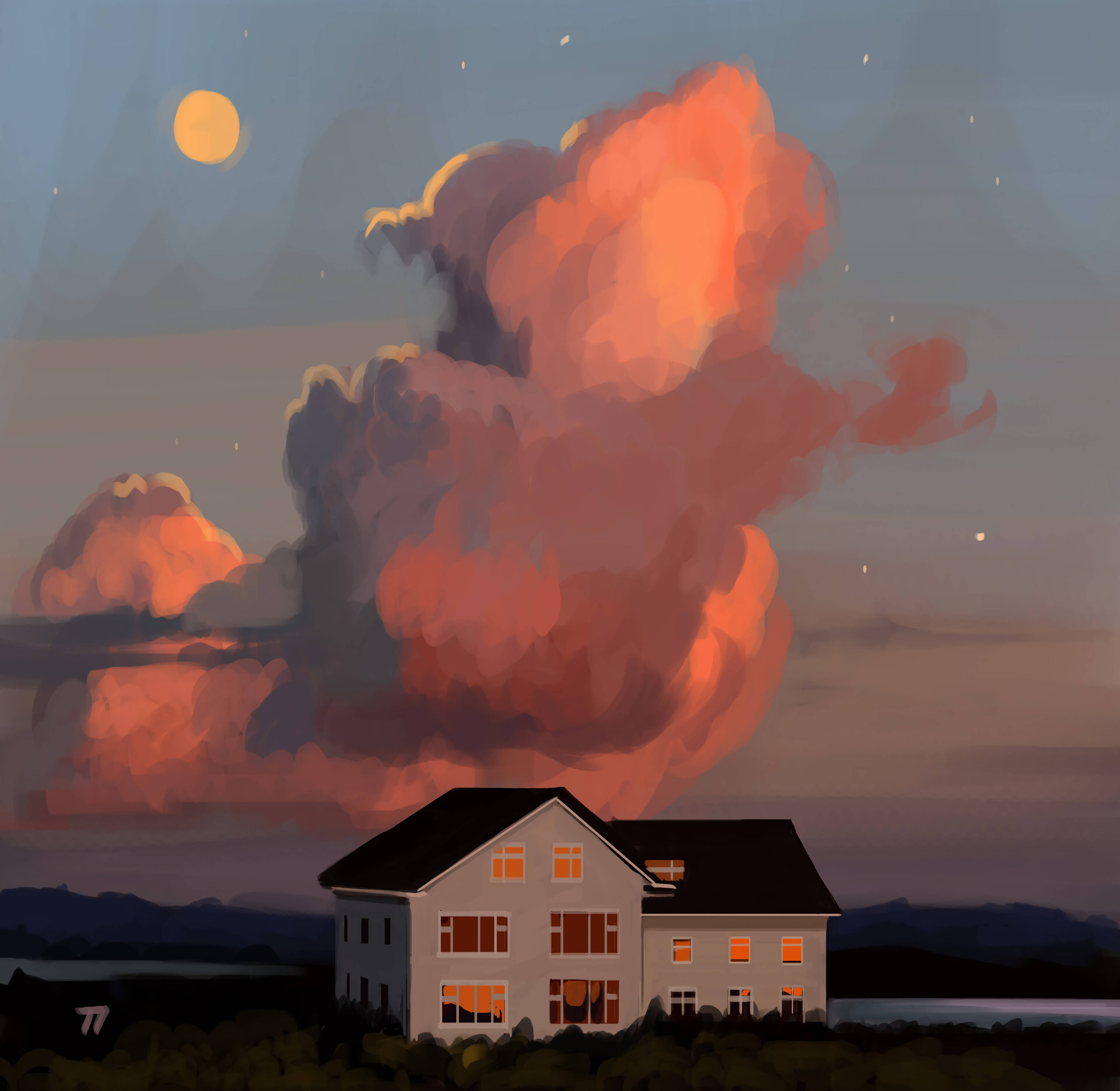house, fiery orange clouds, glowing moon, 4K Desktop Wallpaper