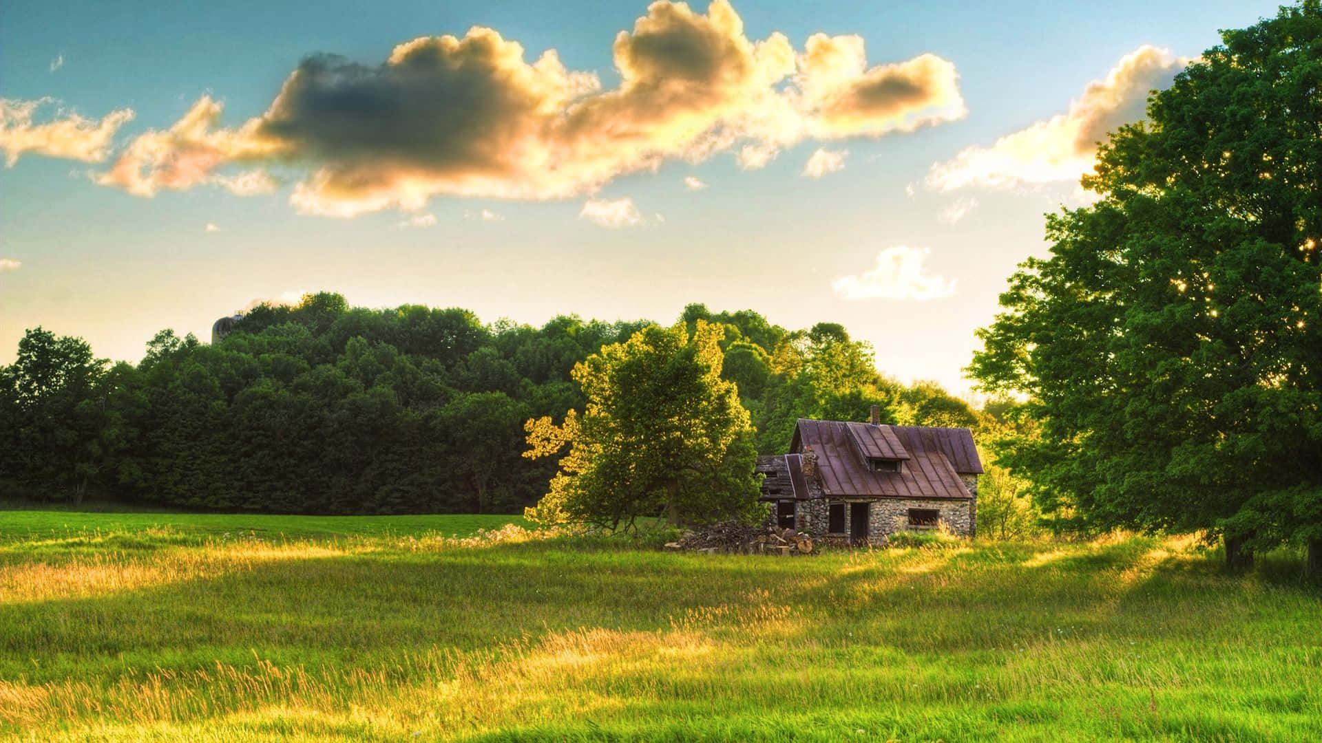 farmhouse, rustic stone cabin, sunlit green field, Full HD Desktop Wallpaper