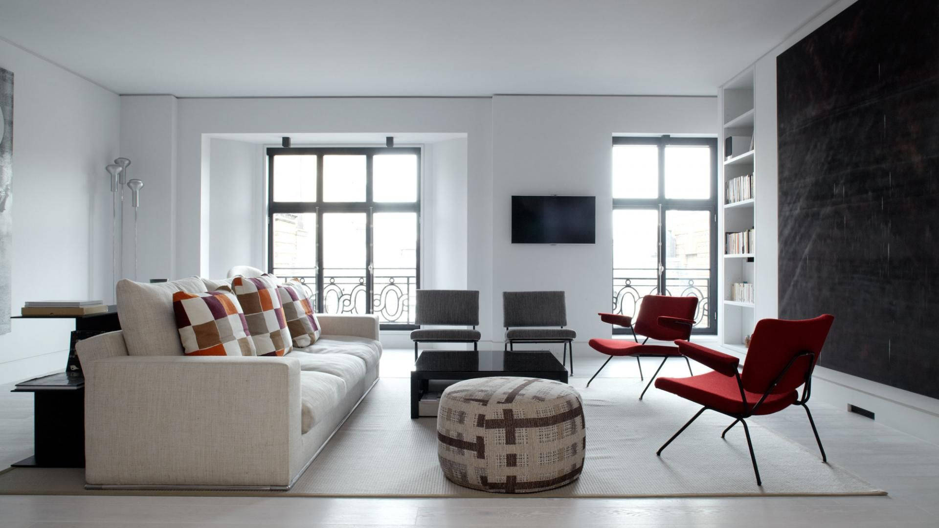 white sofa, red chairs, large windows, Full HD Desktop Wallpaper