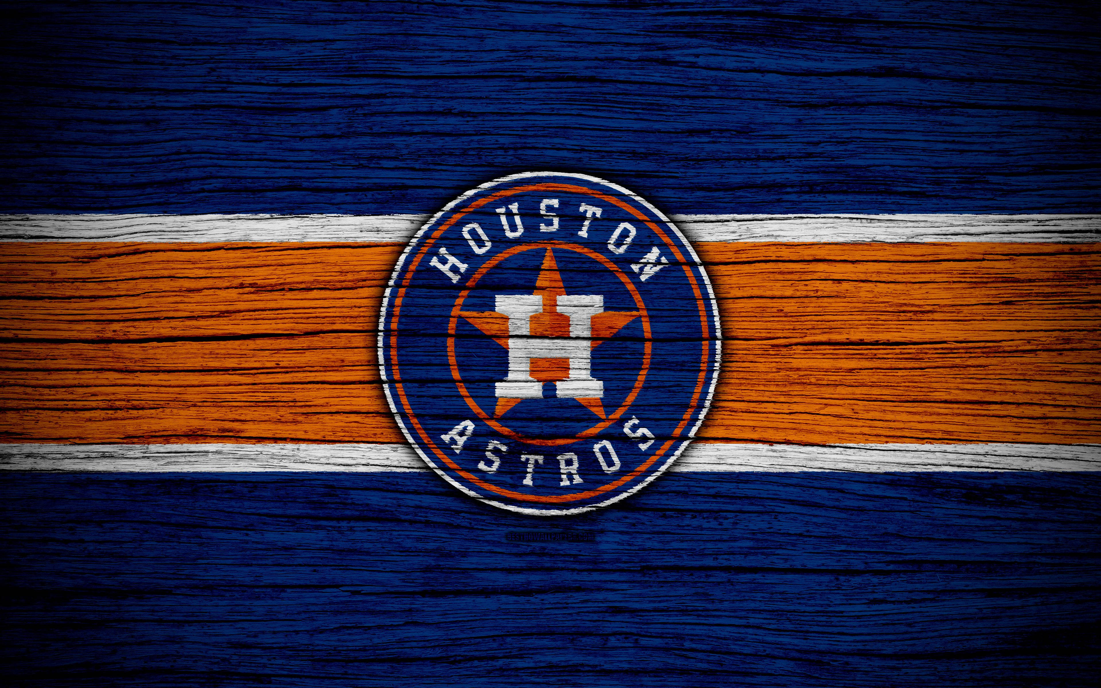 Houston Astros, orange star logo, blue and orange wooden texture, 4K Desktop Wallpaper