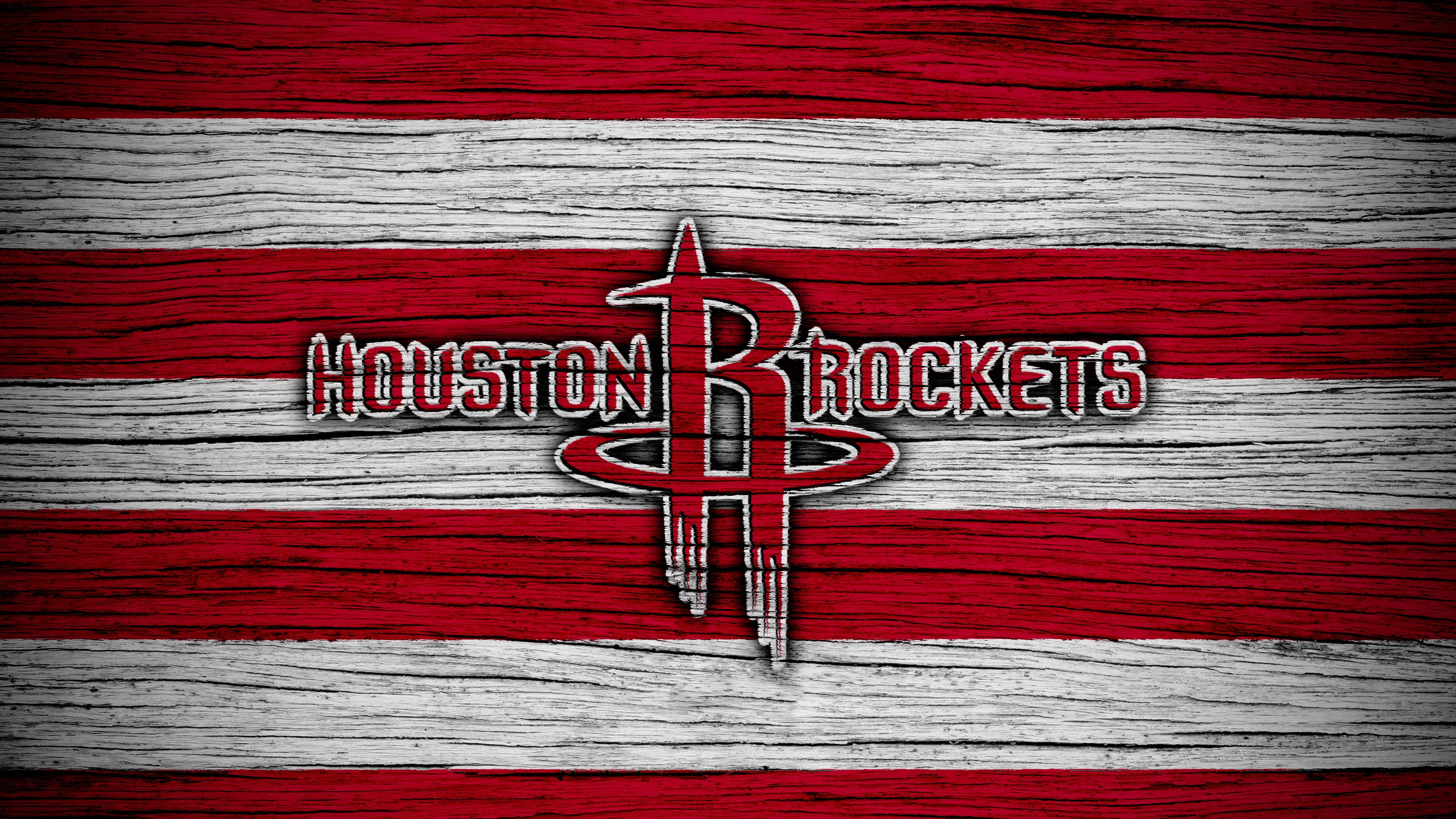 Houston Rockets, red and white stripes, weathered wooden texture, 2K Desktop Wallpaper