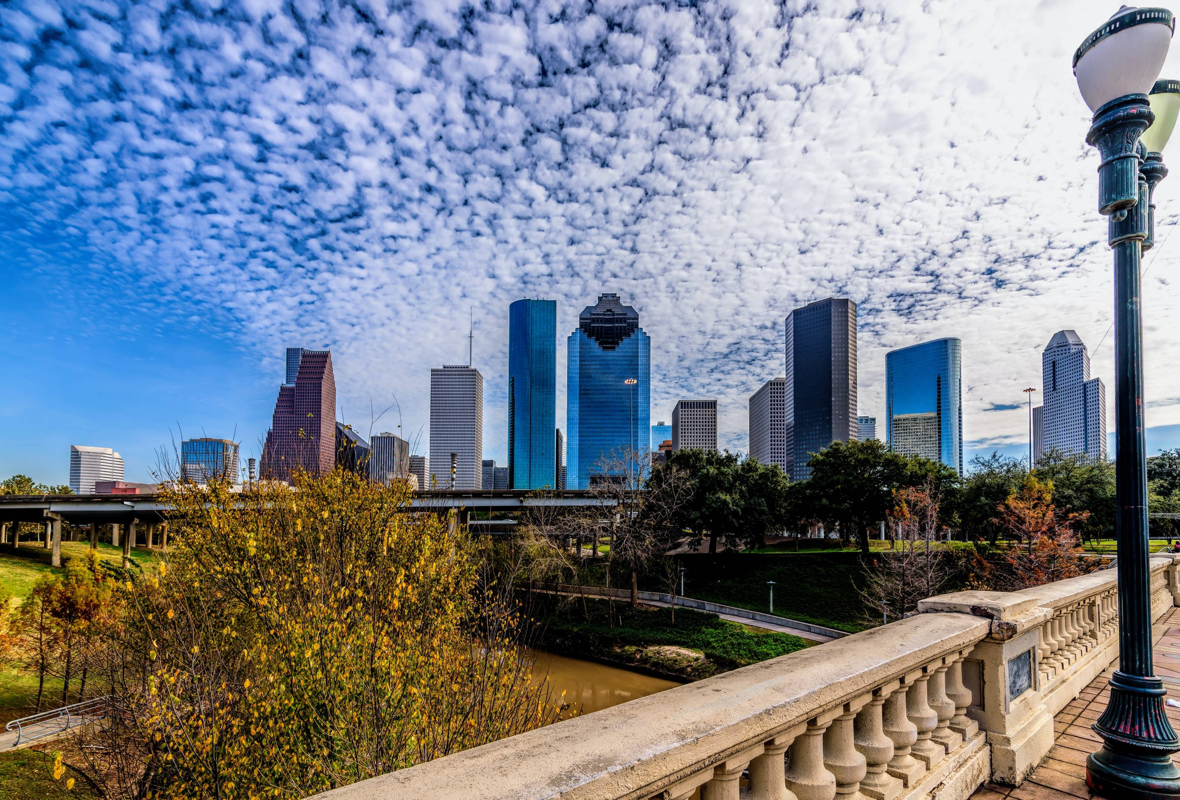 Houston, glass skyscrapers, blue sky, Full HD Desktop Wallpaper
