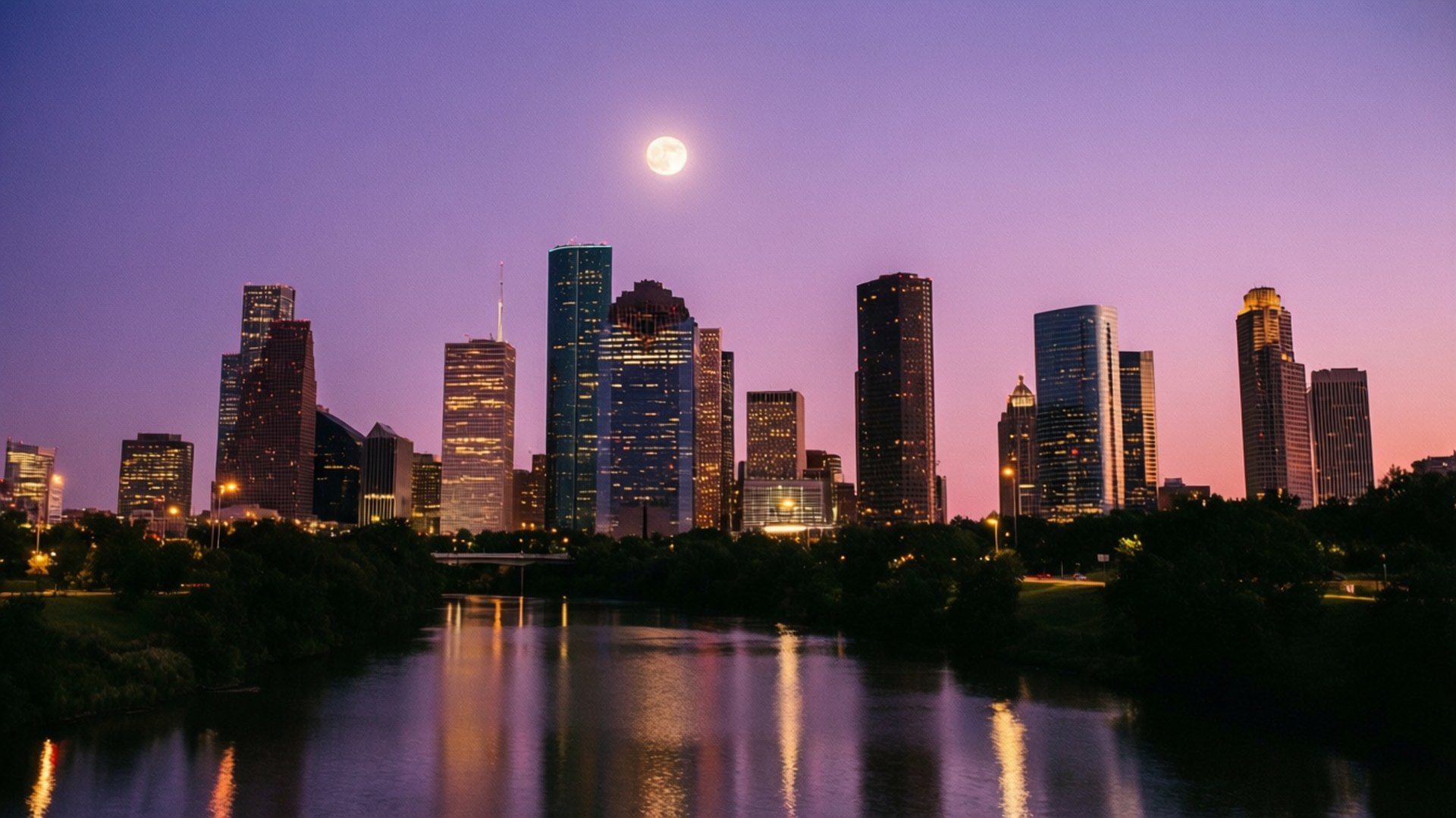 twilight, Houston skyline, full moon, Full HD Desktop Wallpaper