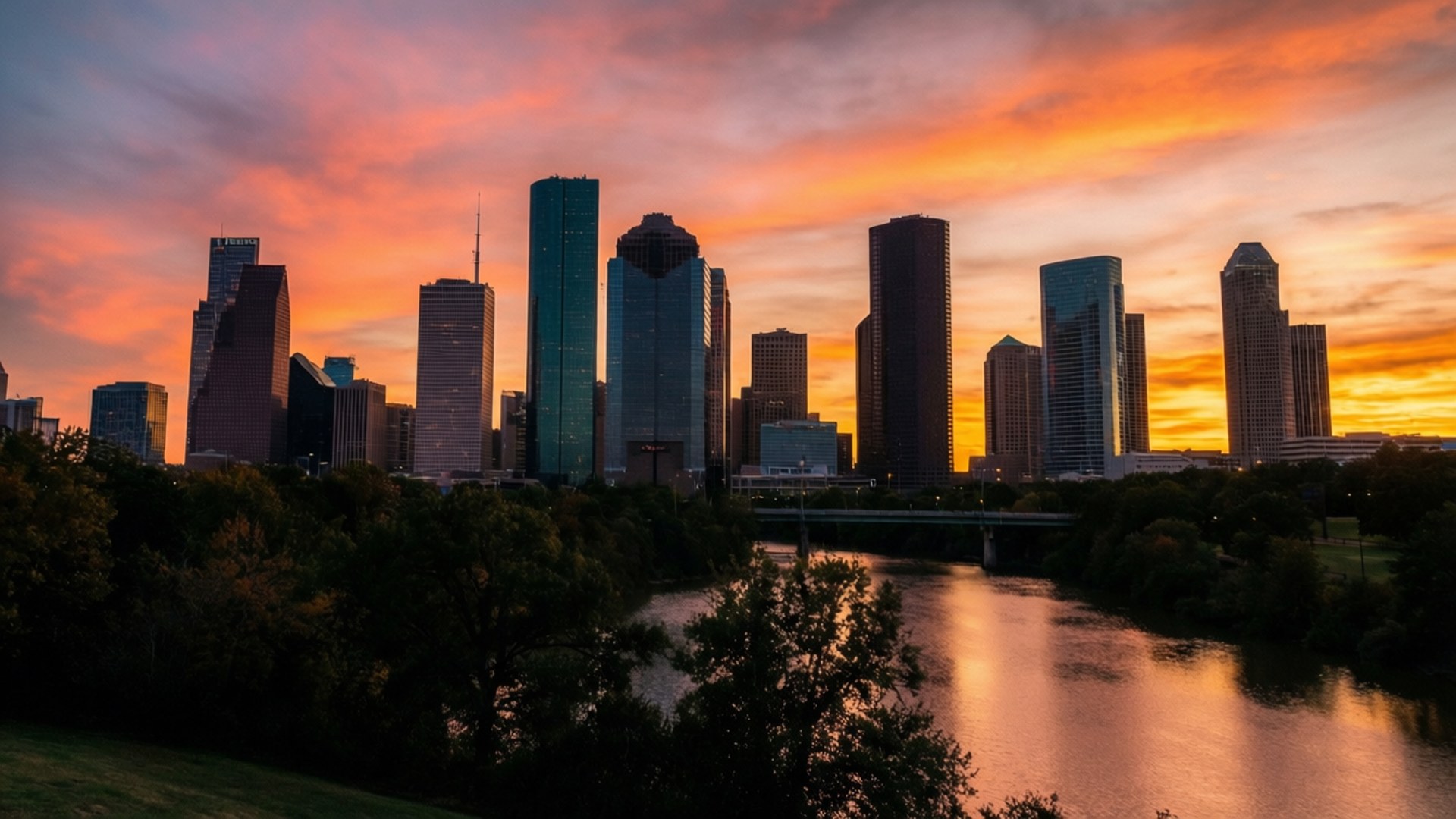 Houston, sunset, skyline, Full HD Desktop Wallpaper