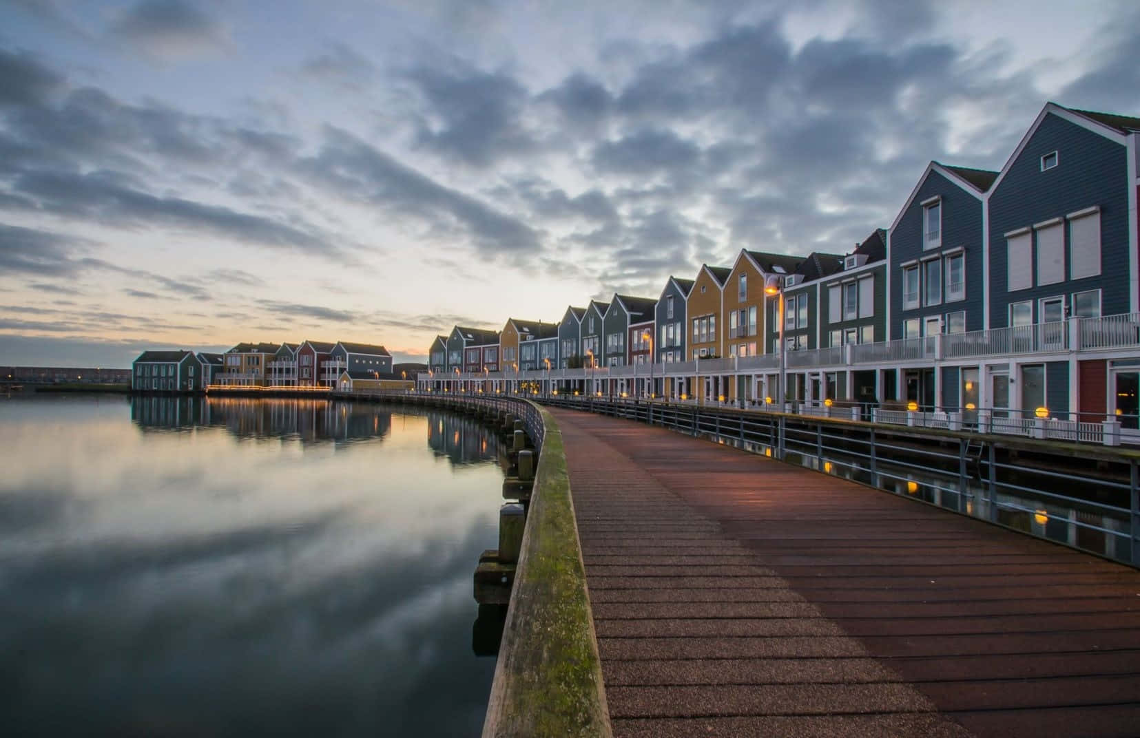 Houten, waterfront houses, dusk, HD Desktop Wallpaper