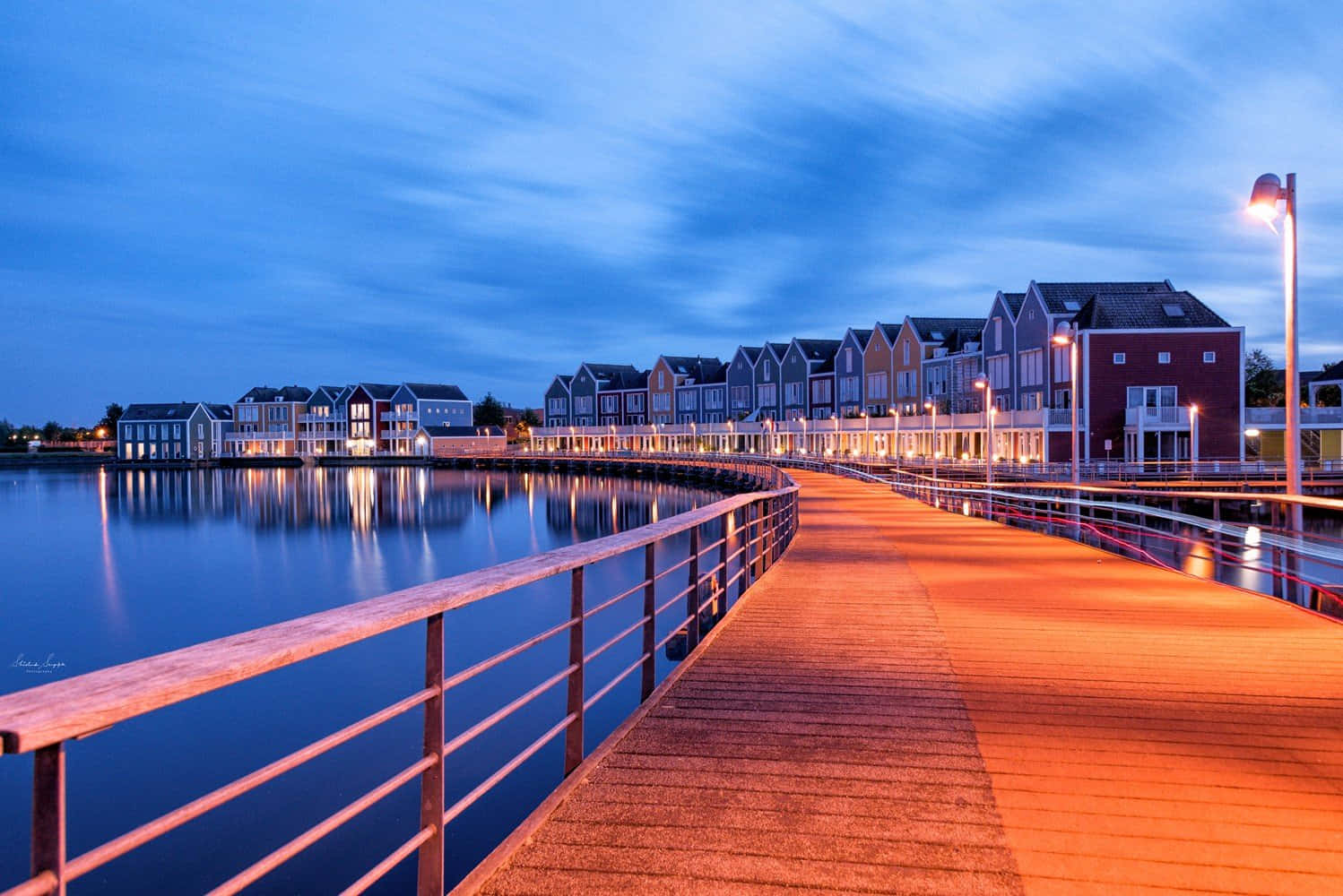 Houten, twilight, waterfront houses, HD Desktop Wallpaper