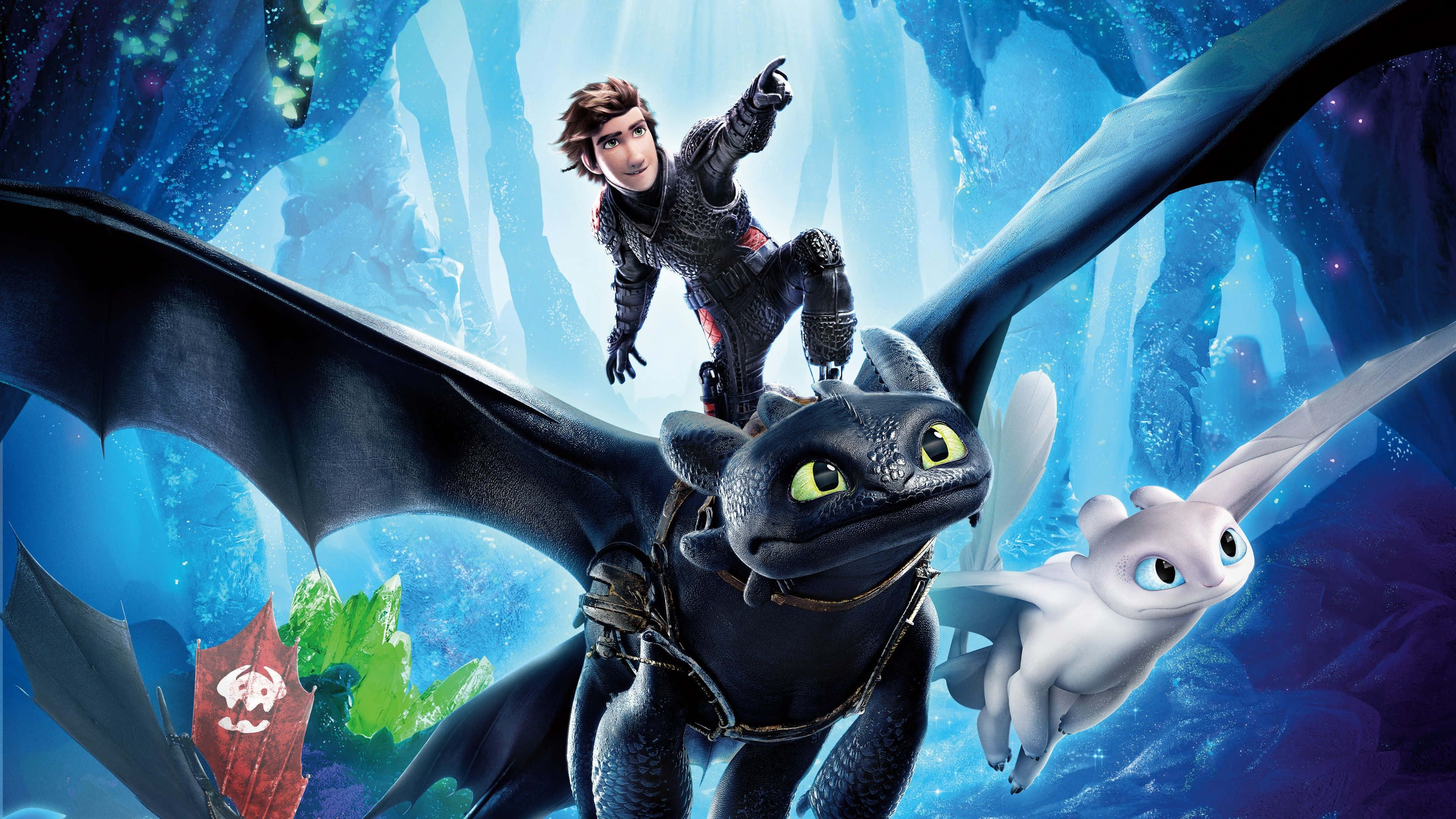 How to Train Your Dragon, black dragon, glowing blue cavern, 4K Desktop Wallpaper