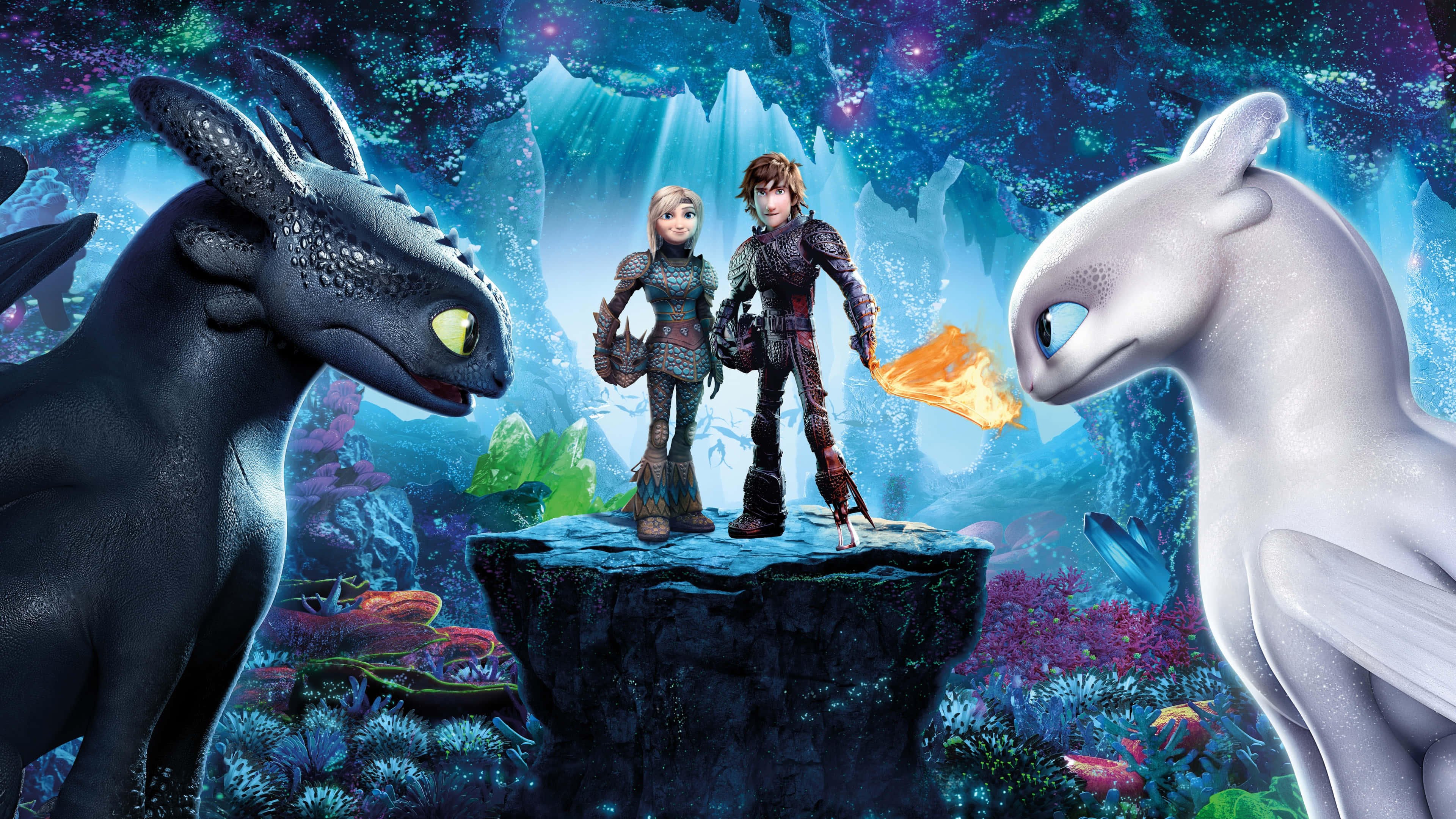 How To Train Your Dragon 4K, main characters, black and white dragon, 4K Desktop Wallpaper