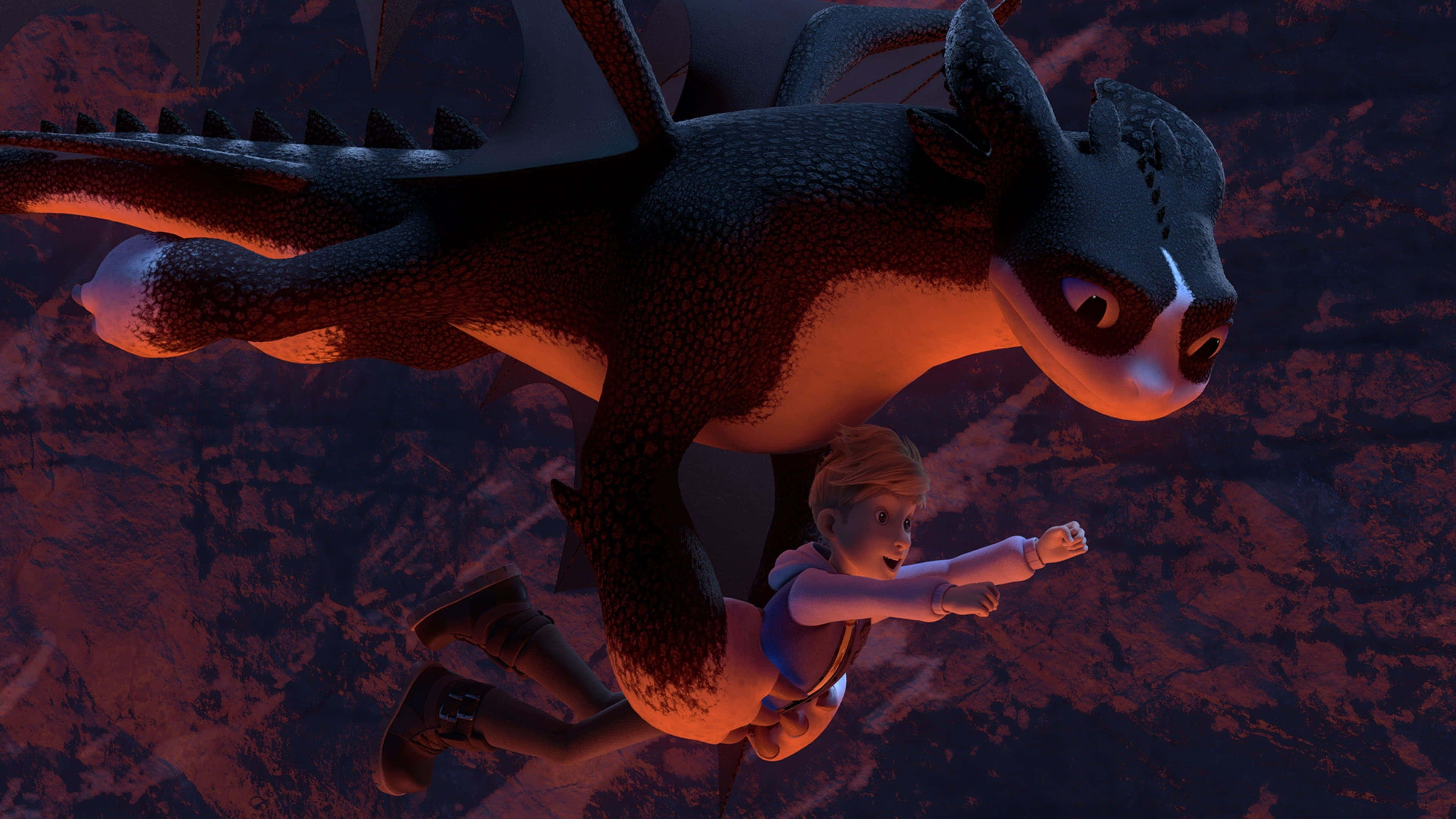 How To Train Your Dragon The Hidden World, black dragon, glowing orange underbelly, 4K Desktop Wallpaper