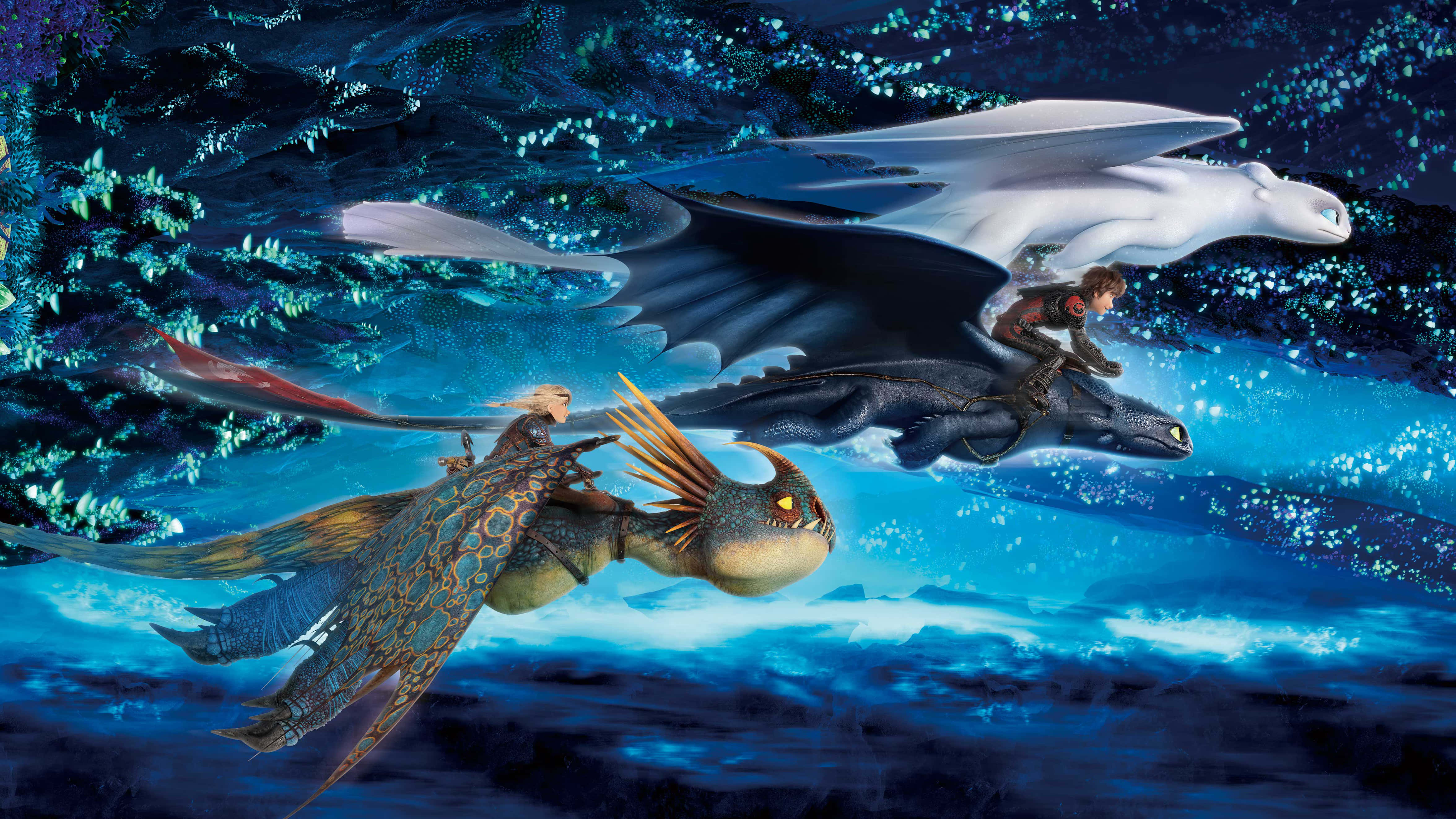 How To Train Your Dragon The Hidden World, flying at night, glowing blue underwater cavern, 4K Desktop Wallpaper