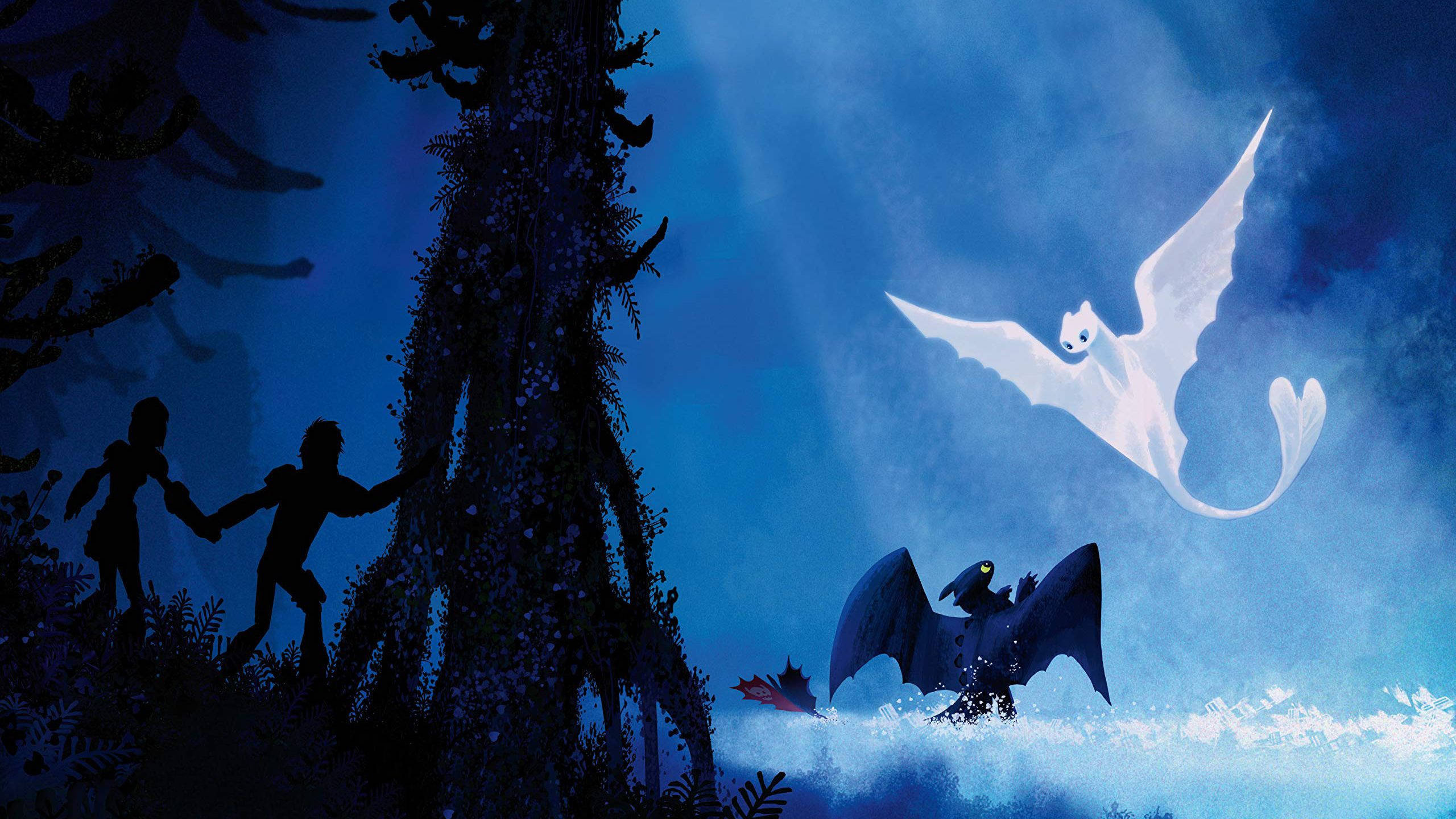 How To Train Your Dragon The Hidden World, black dragon, glowing white dragon, 2K Desktop Wallpaper