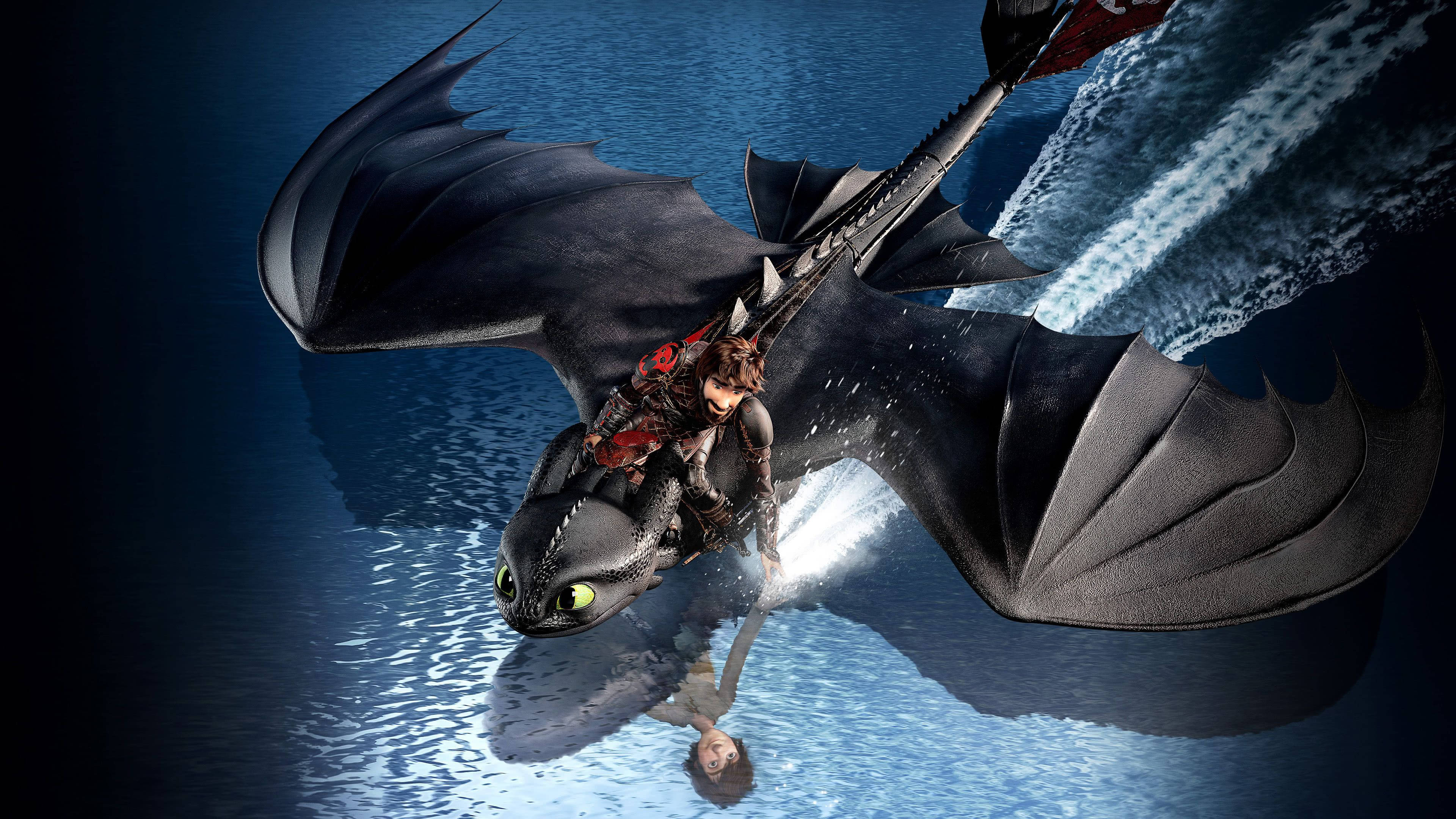 How To Train Your Dragon, black dragon, dark blue water, 4K Desktop Wallpaper