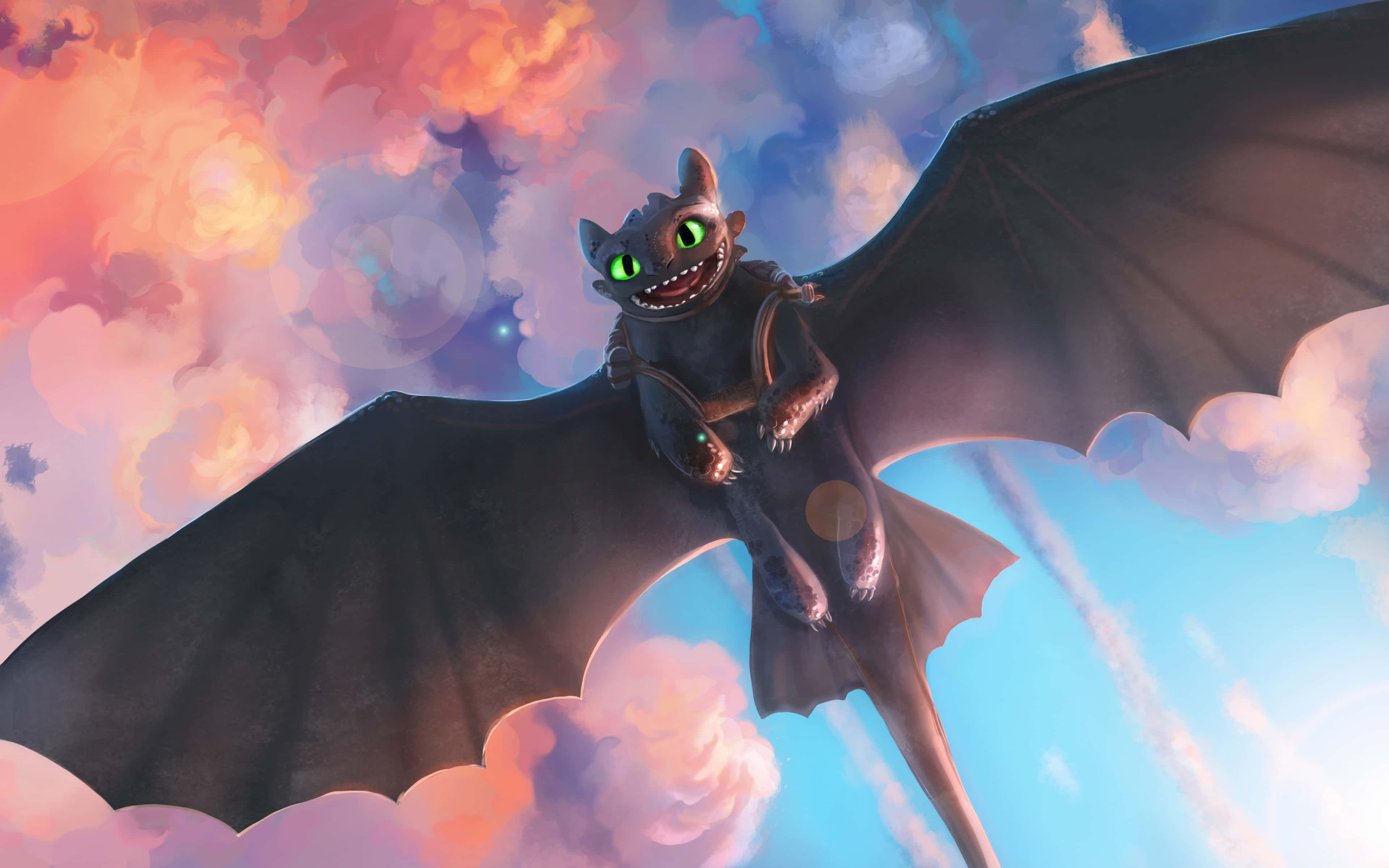 How To Train Your Dragon, glowing green eyes, vibrant sunset sky, 4K Desktop Wallpaper