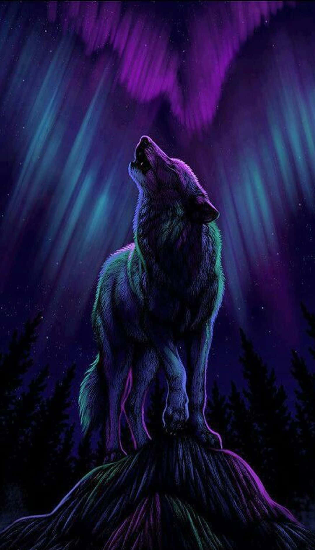 galaxy wolves, aurora borealis, snowy forest peak, HD Phone Wallpaper