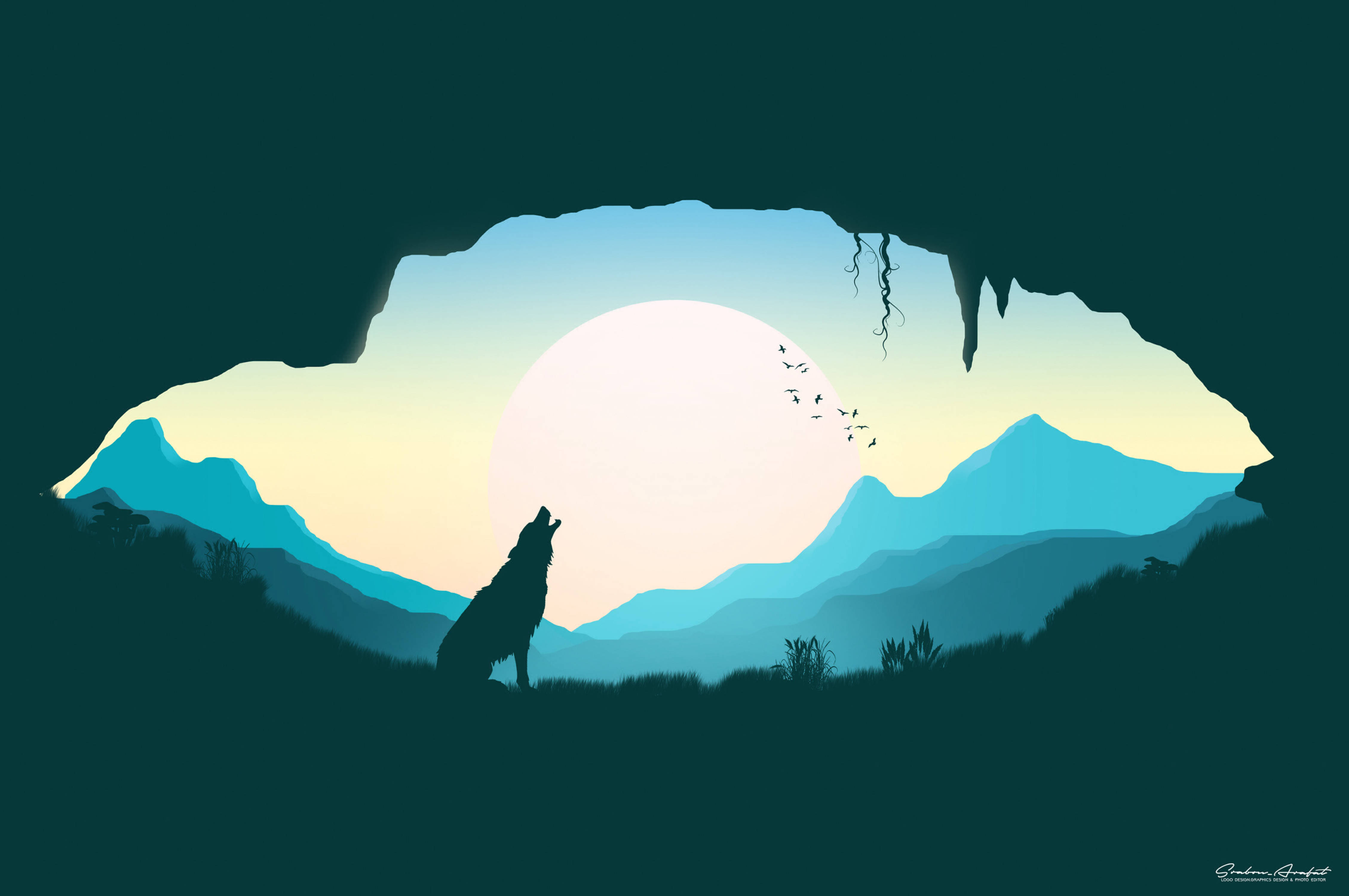 Howling Wolf, glowing sun, cave opening, 4K Desktop Wallpaper