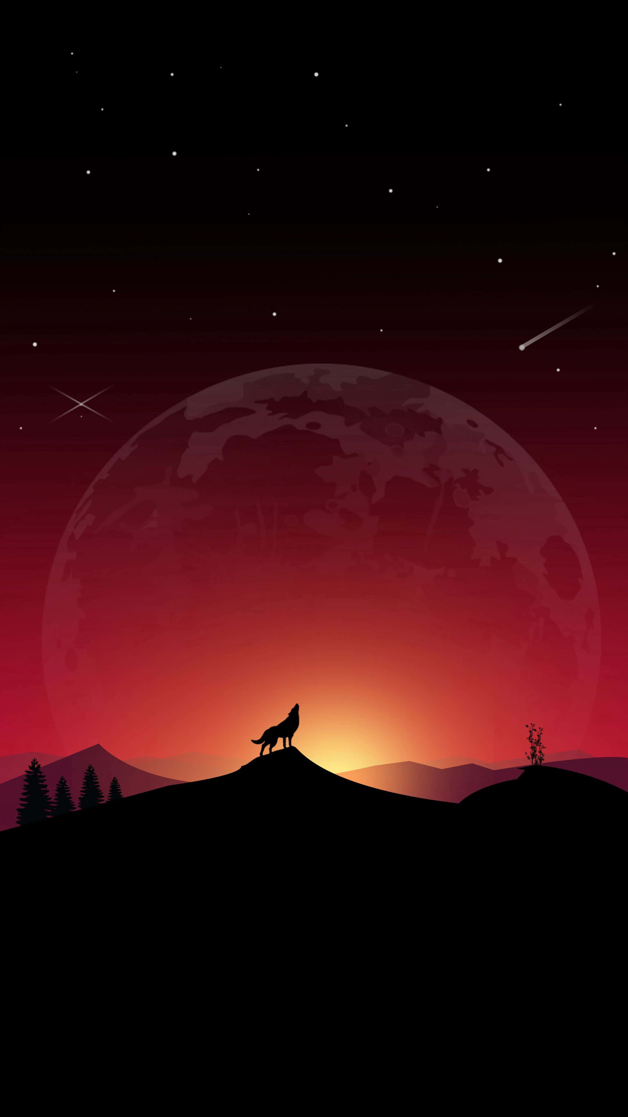 wolf moon, giant red moon, starry night sky, 4K Phone Wallpaper