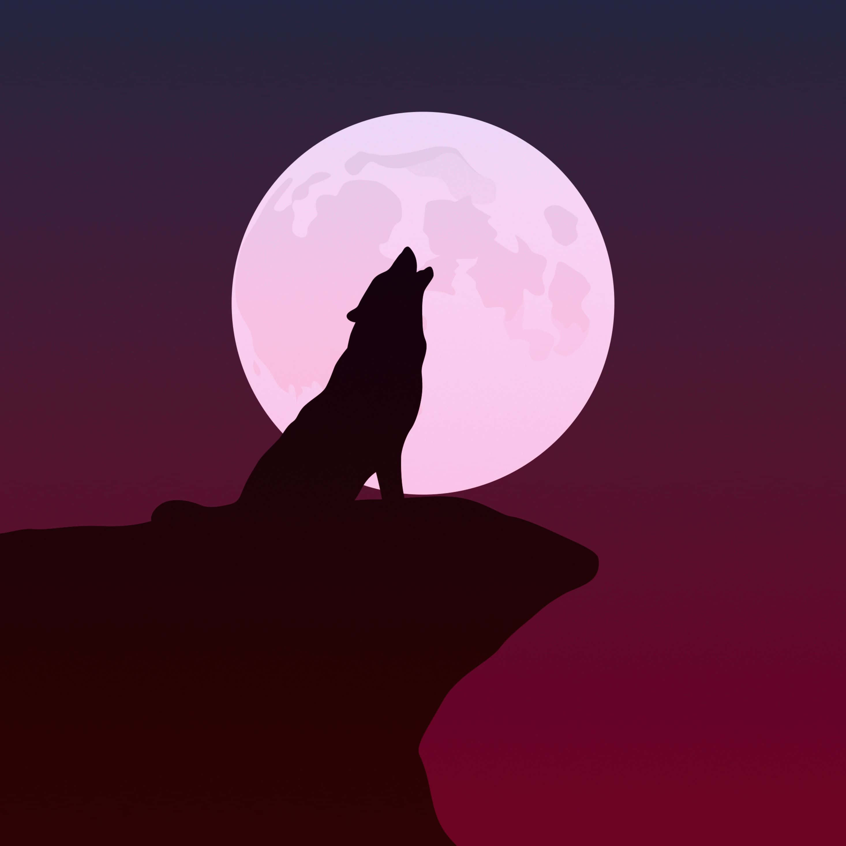 Howling Wolf, glowing pink moon, deep purple twilight sky, 2K Desktop Wallpaper
