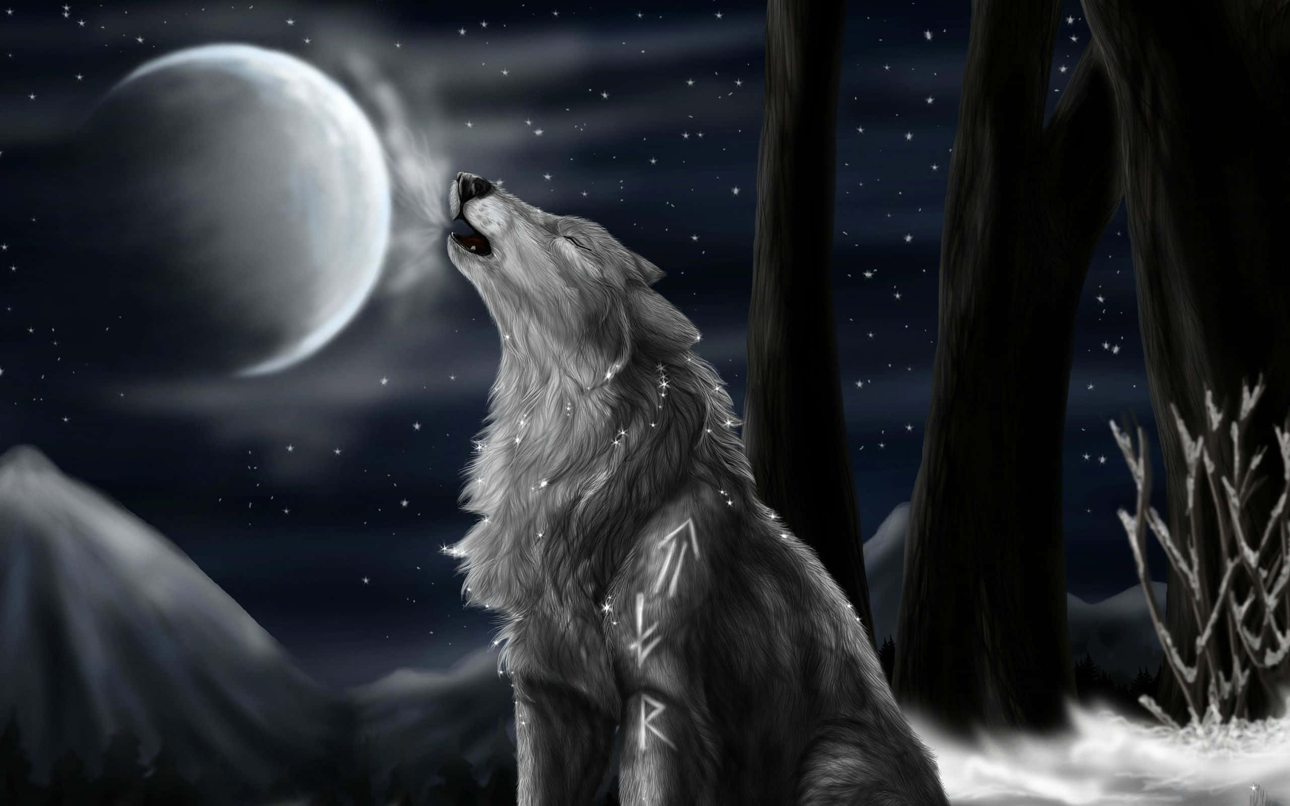 Howling Wolf, Full Moon night, starry night sky, 2K Desktop Wallpaper