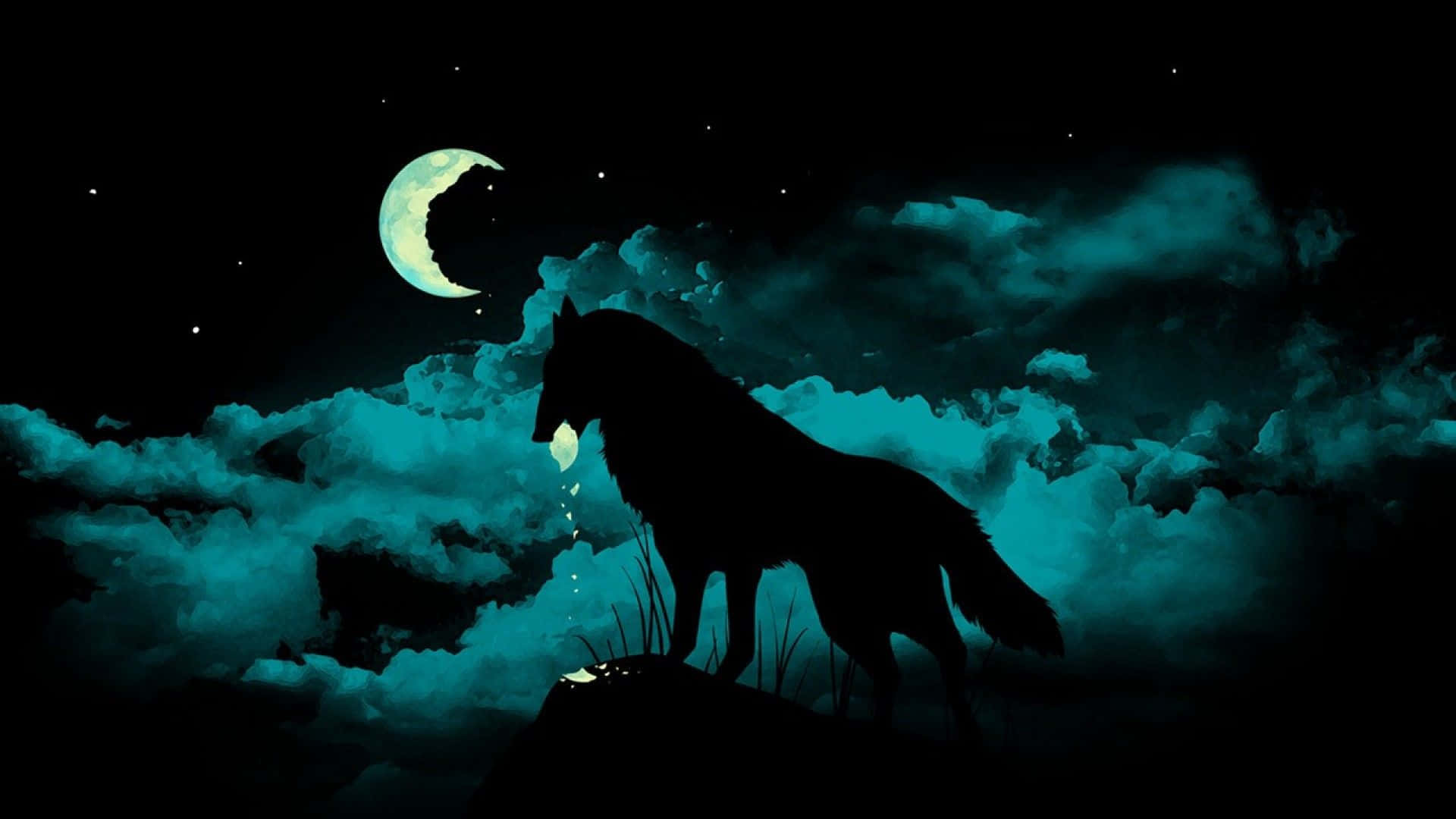 Howling Wolf, crescent moon, starry teal clouds, Full HD Desktop Wallpaper
