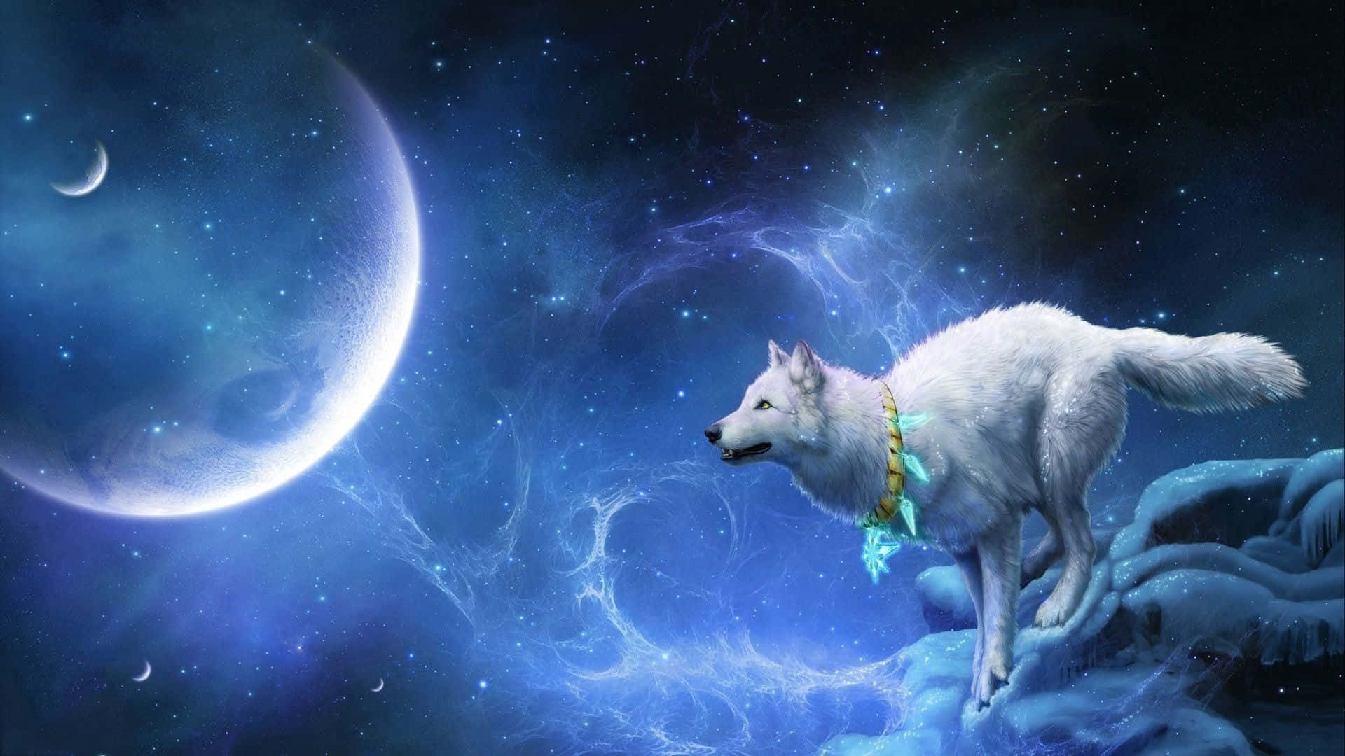 Howling Wolf, full moon, icy terrain, Full HD Desktop Wallpaper
