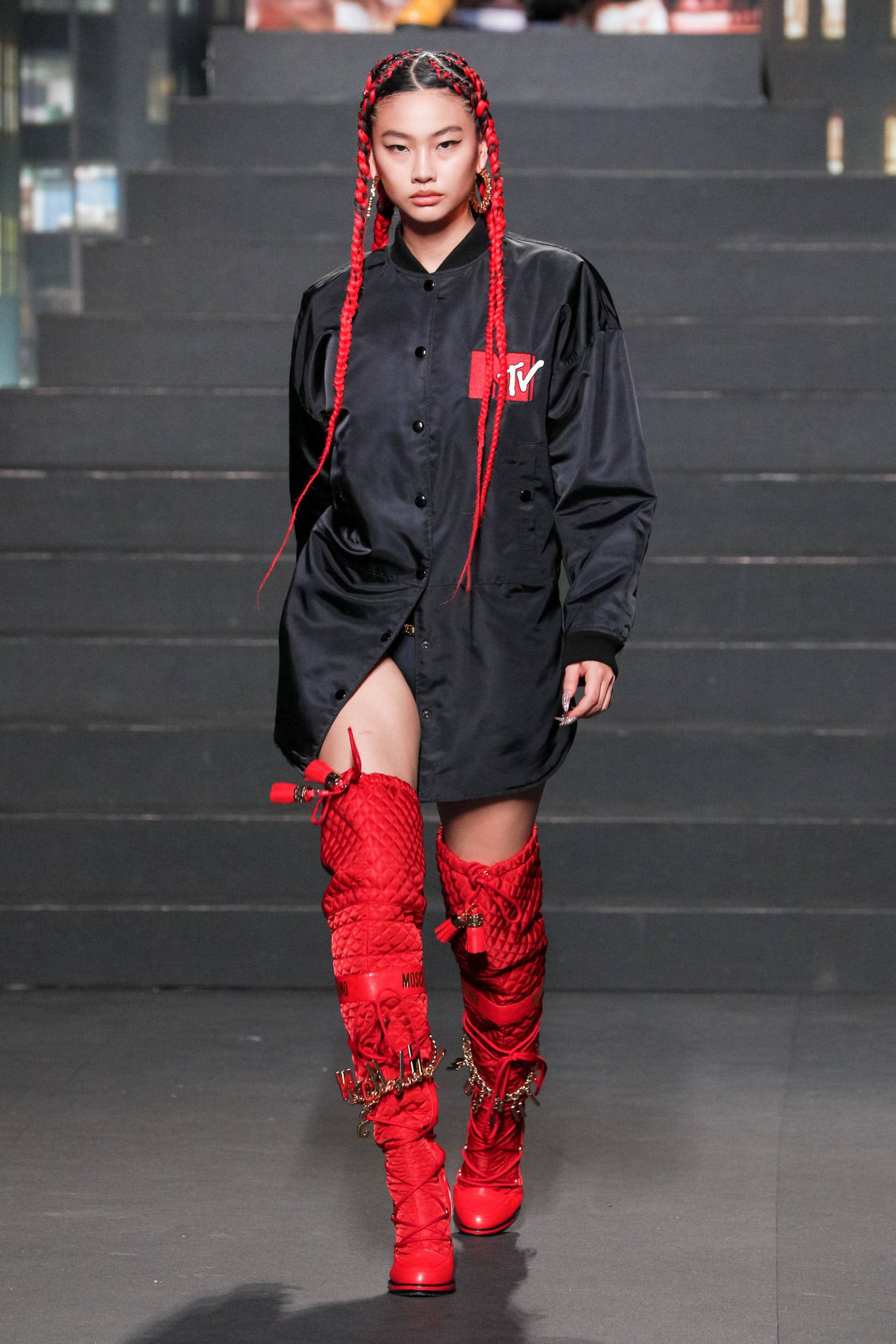 Hoyeon Jung, black outfit, vibrant red braids, 2K Phone Wallpaper