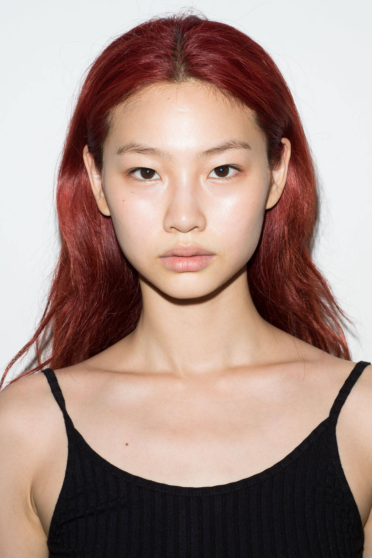 Hoyeon Jung, vibrant red hair, black tank top, Full HD Phone Wallpaper
