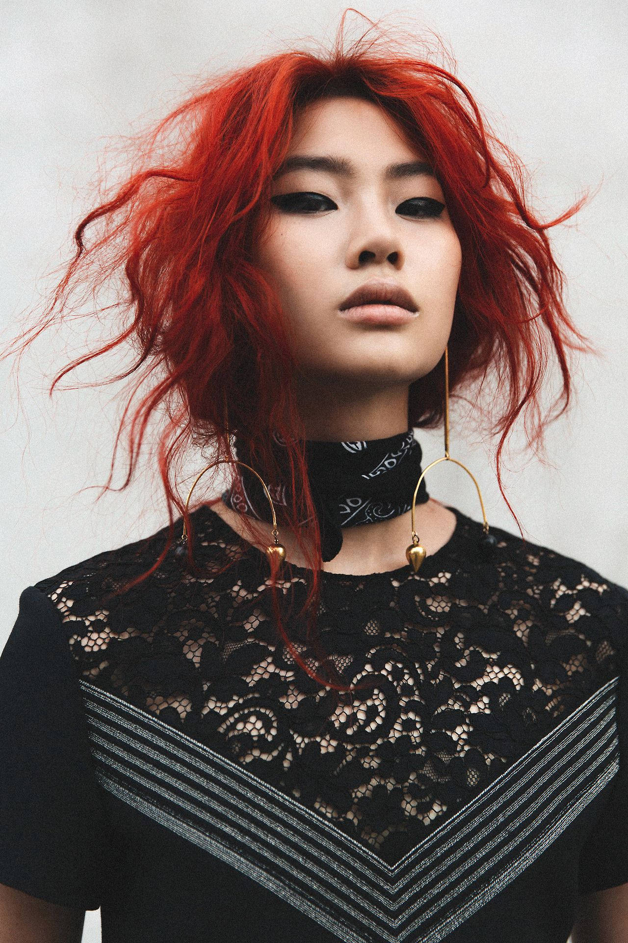 Hoyeon Jung, fiery red hair, bold black eyeliner, Full HD Phone Wallpaper