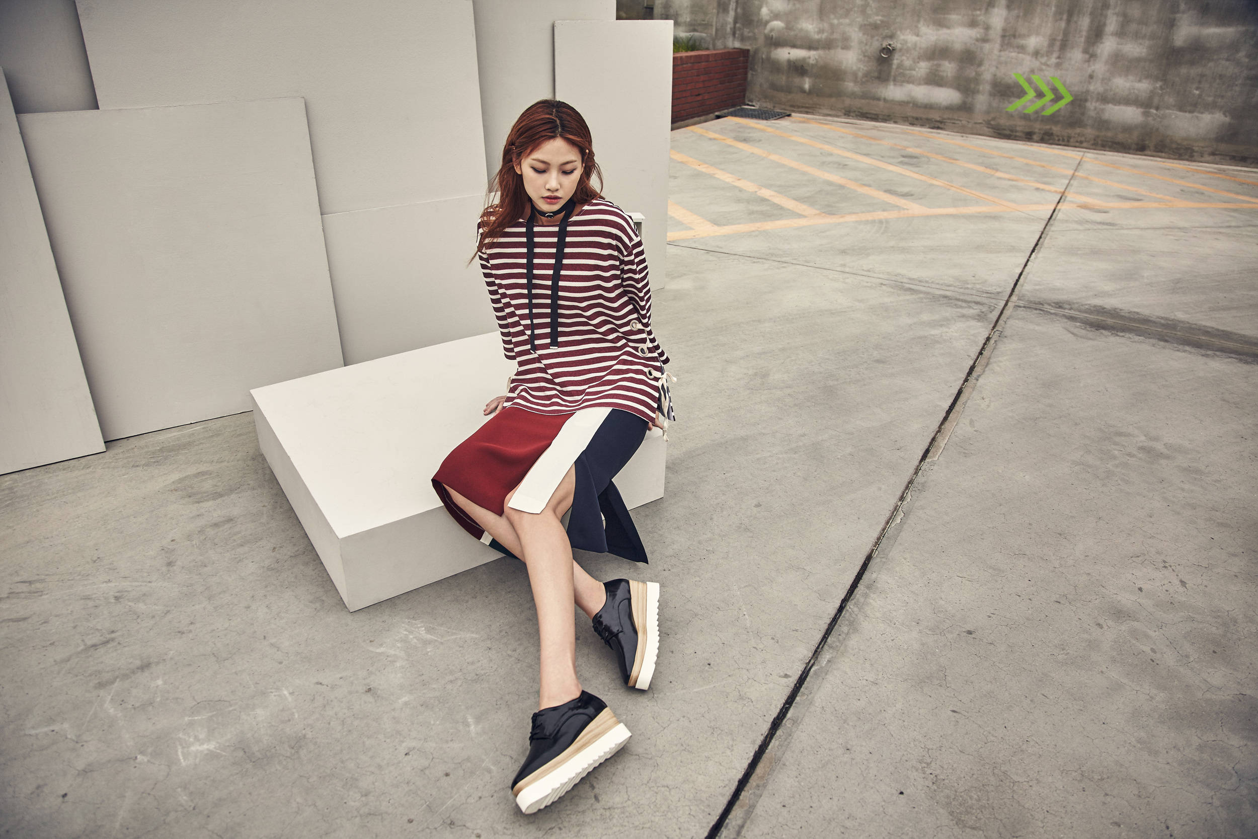 Hoyeon Jung, striped hoodie, red skirt, Full HD Desktop Wallpaper