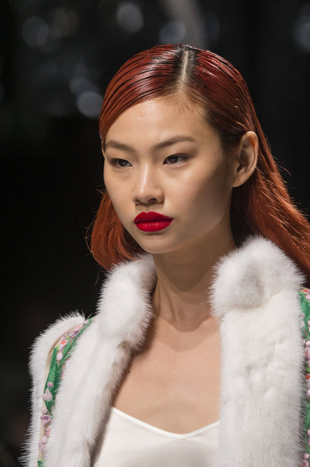 Hoyeon Jung, white fur-trimmed jacket, glossy red hair, Full HD Phone Wallpaper