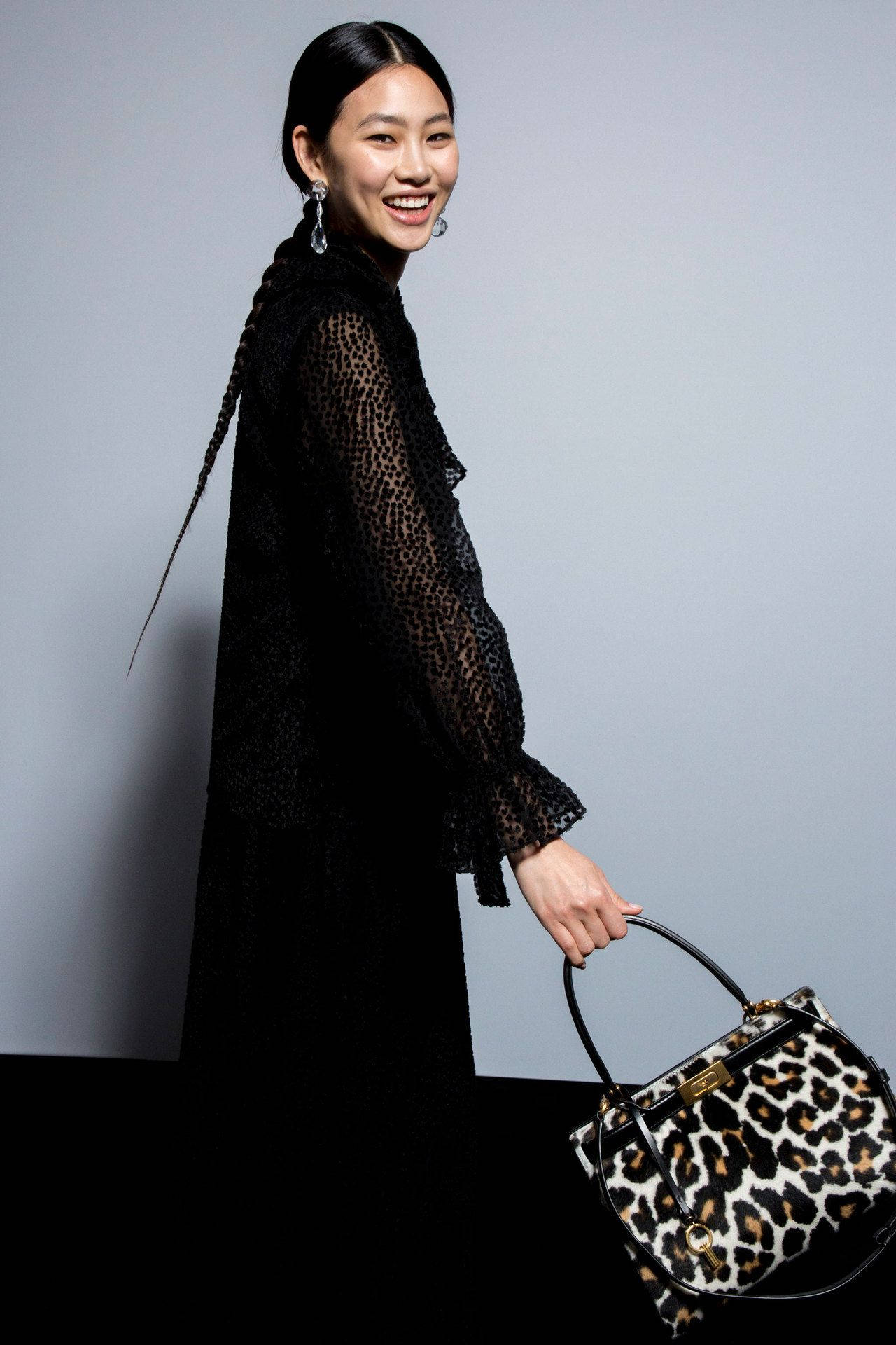 Hoyeon Jung, black lace dress, leopard-print handbag, Full HD Phone Wallpaper