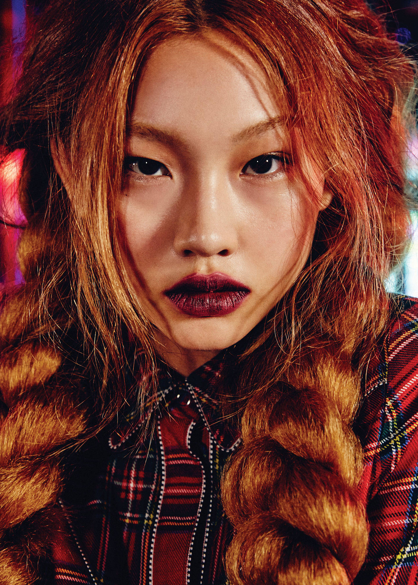 Hoyeon Jung, fiery red hair, thick braids, Full HD Phone Wallpaper