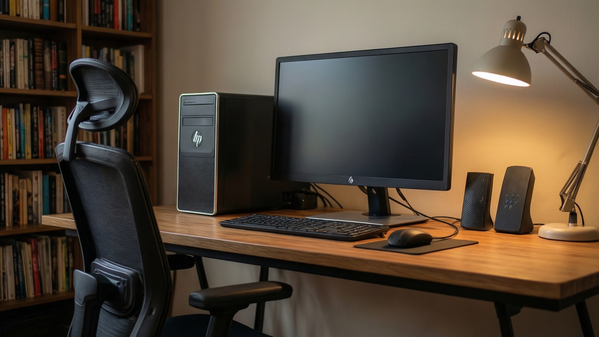 HP, home office, glowing lamp, Full HD Desktop Wallpaper