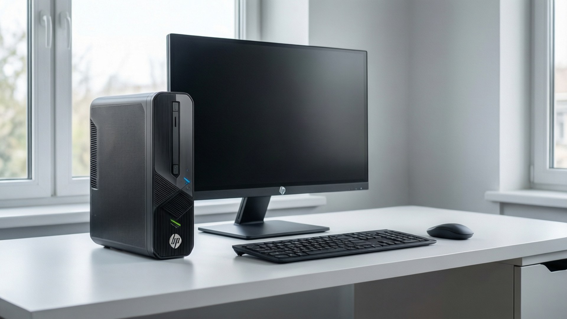 HP Desktop, sleek black, white desk, Full HD Desktop Wallpaper