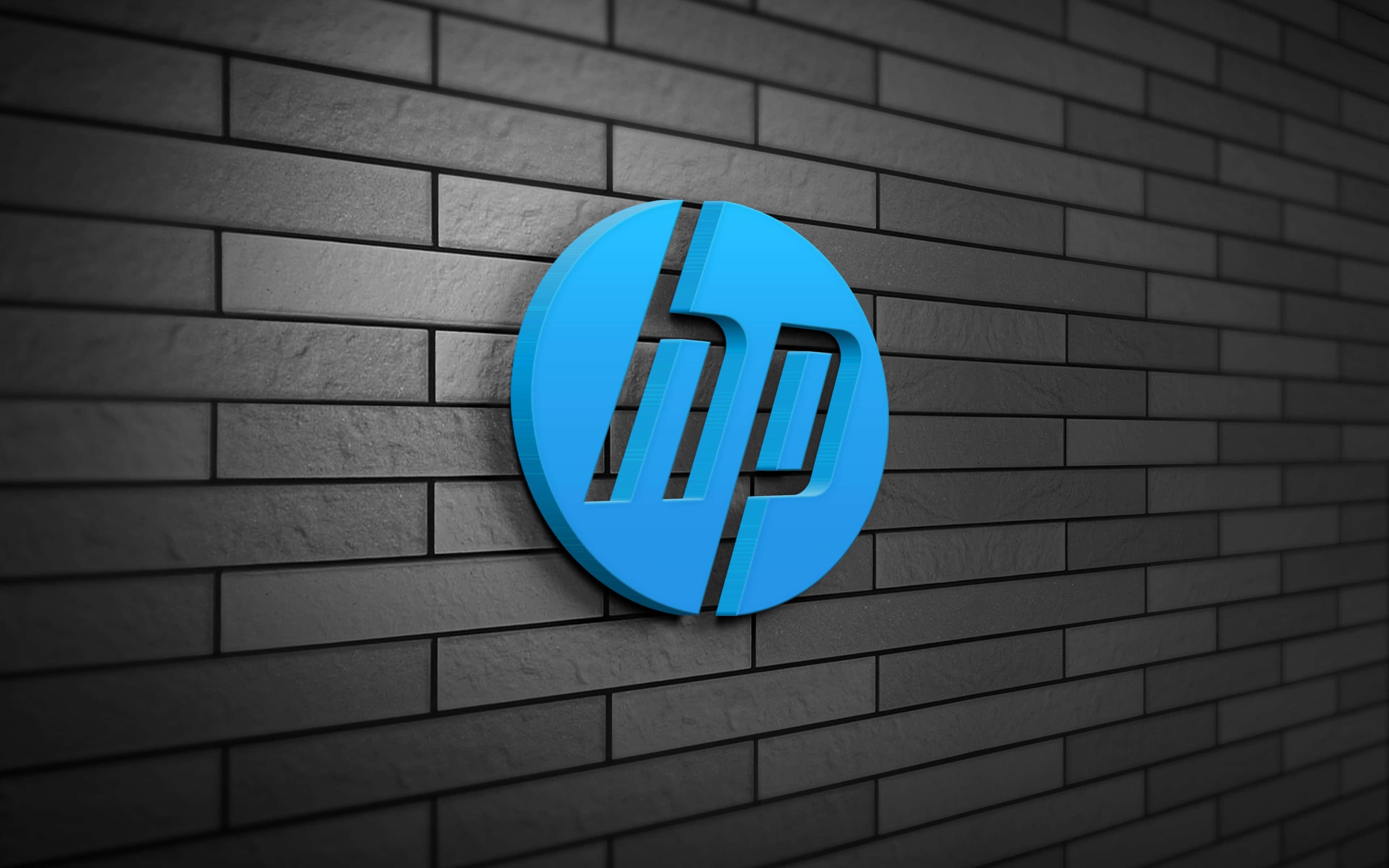 HP Omen, bright blue HP logo, dark gray brick wall, 4K Desktop Wallpaper