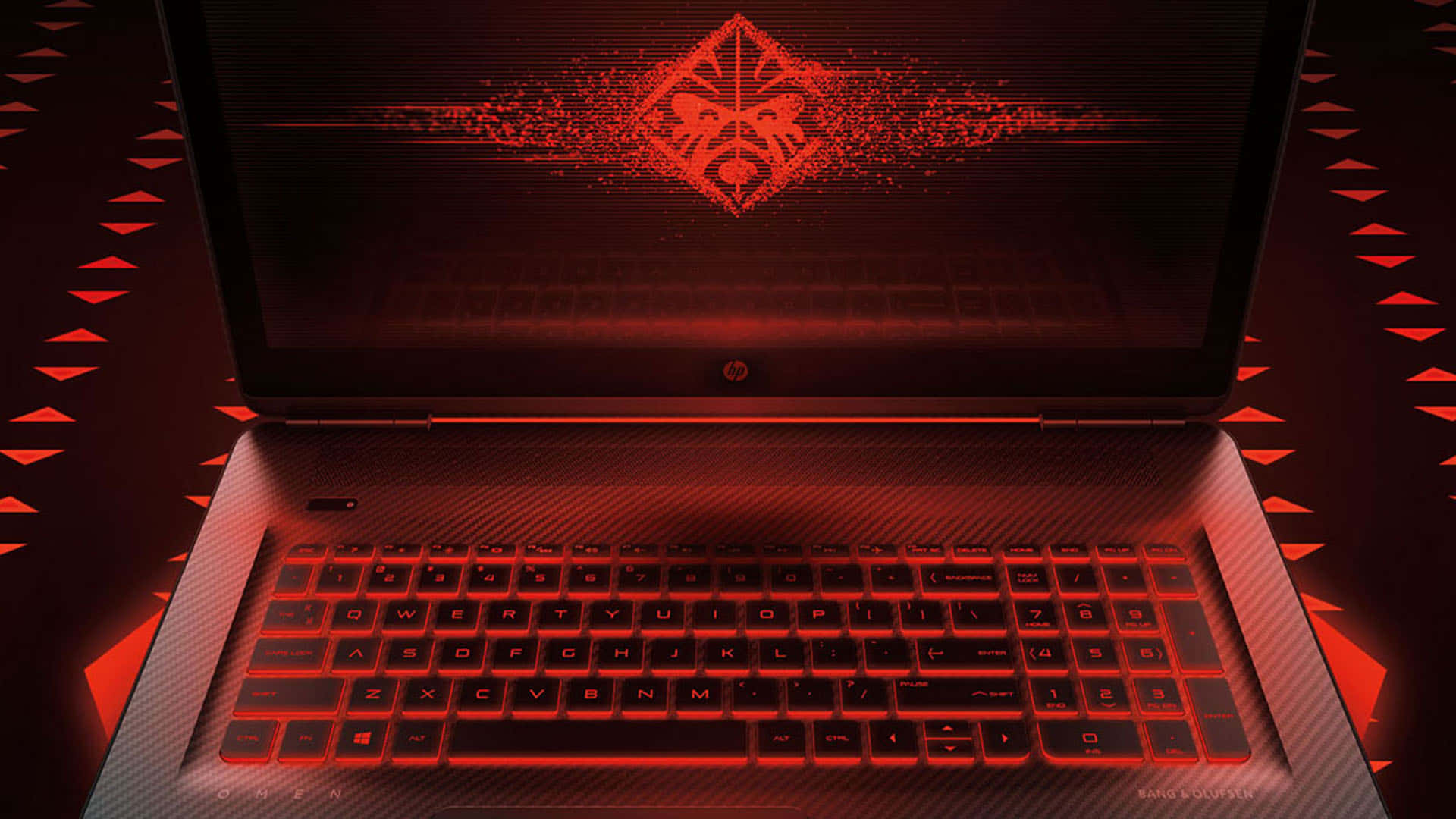HP Omen, red backlit keyboard, glowing red geometric logo, Full HD Desktop Wallpaper