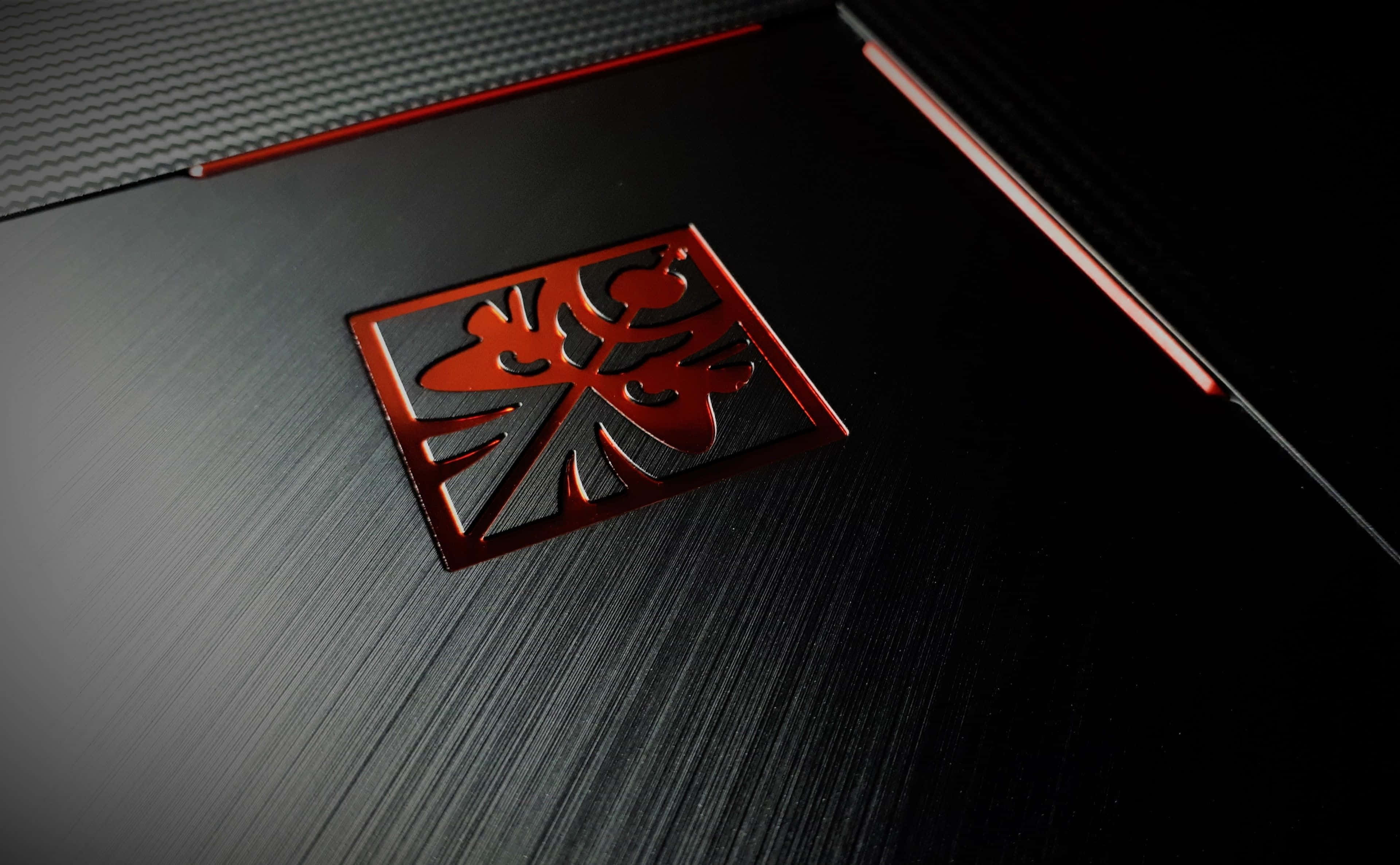 HP Omen, red ornate logo, brushed black laptop lid, 4K Desktop Wallpaper