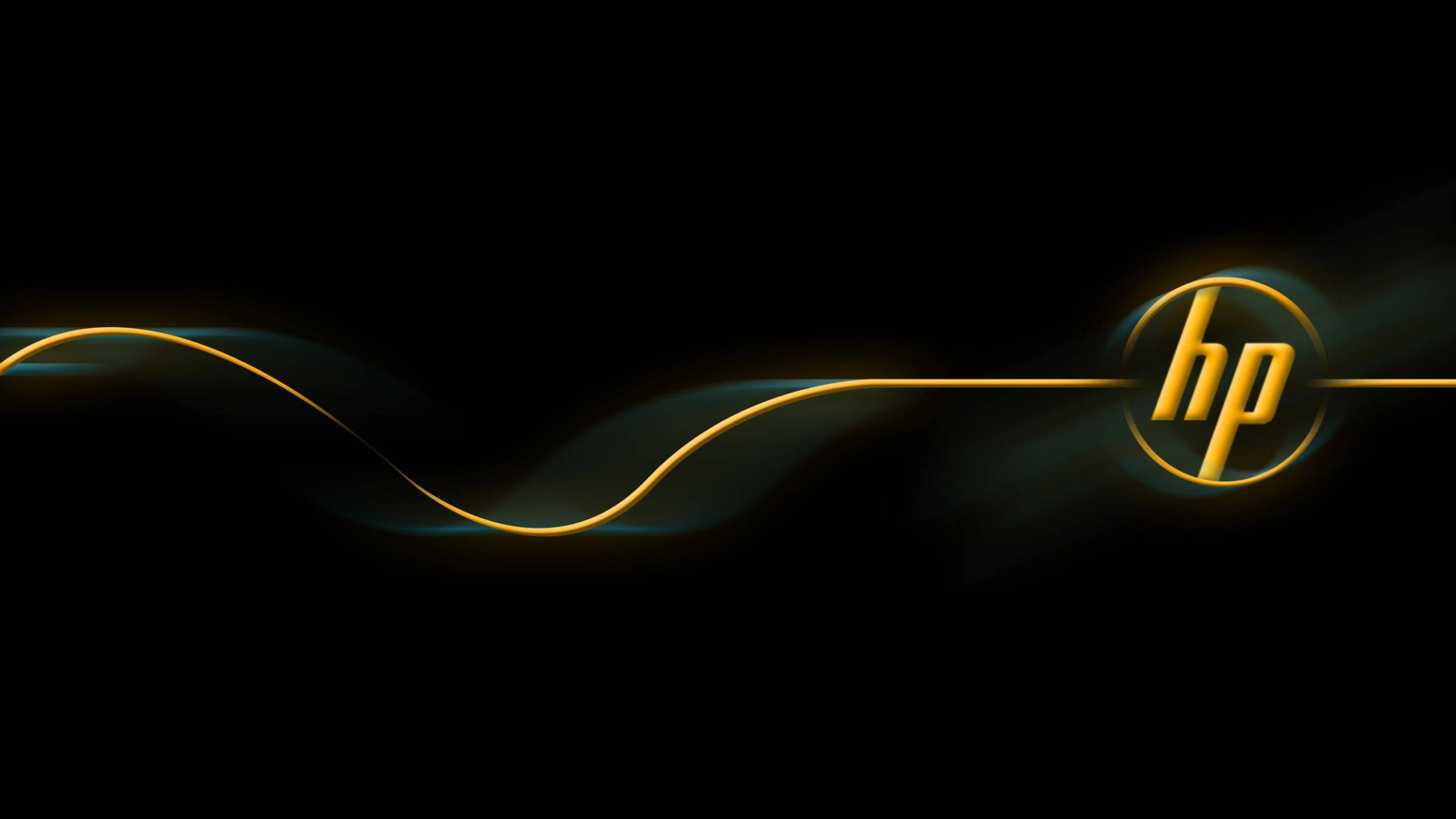 HP, yellow HP logo, golden glowing HP logo, 2K Desktop Wallpaper