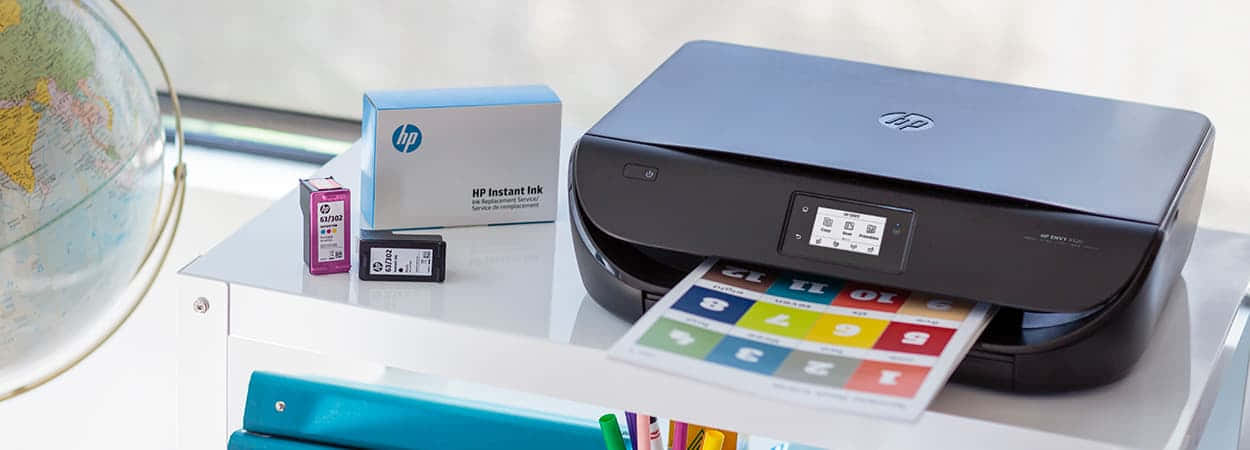 HP Instant Ink Eligible Printer, sleek black, colorful printed sheet, SD Desktop Wallpaper