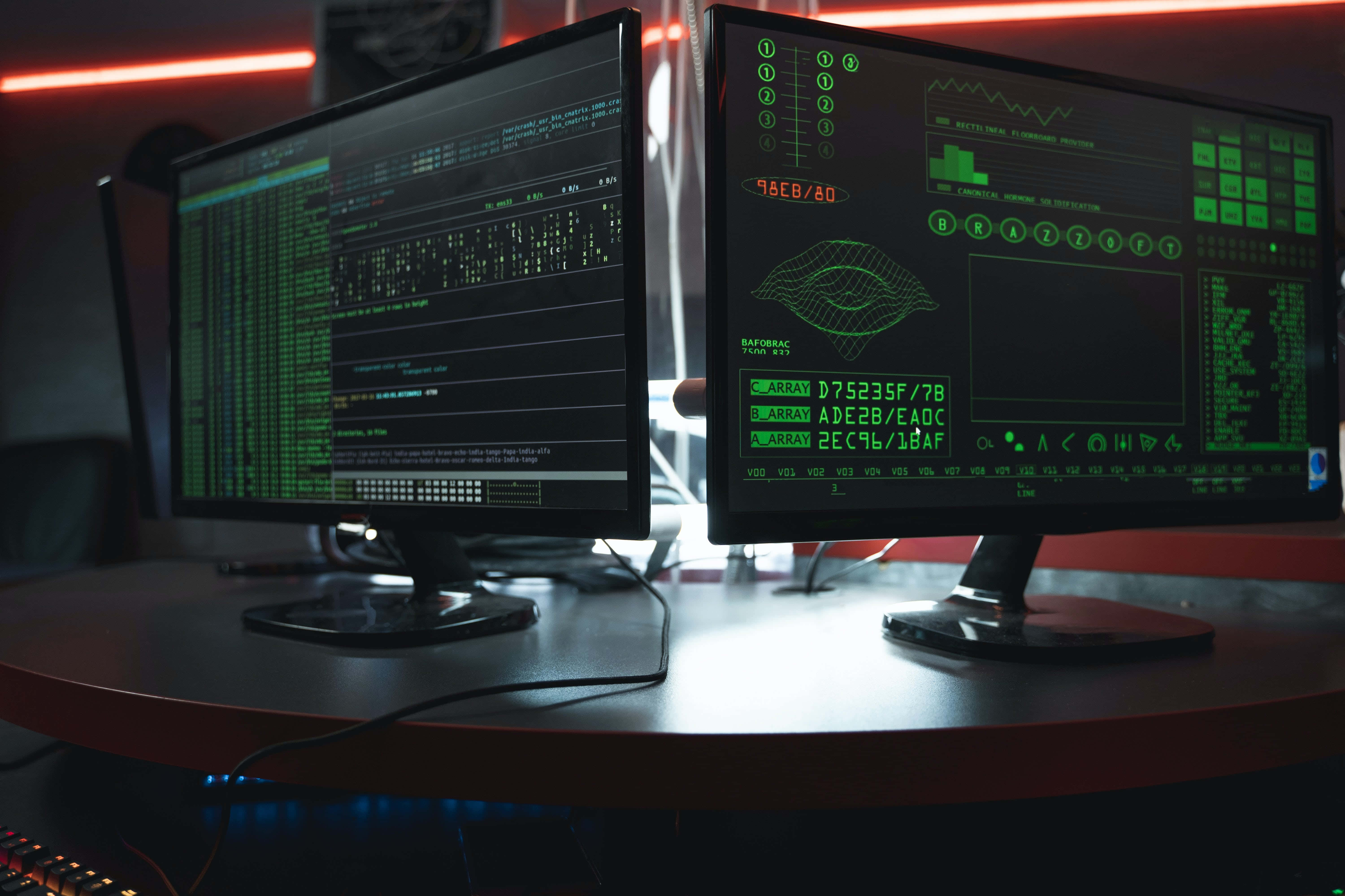 Cybersecurity Analysis, dual monitors, glowing green hacking code, 5K Desktop Wallpaper