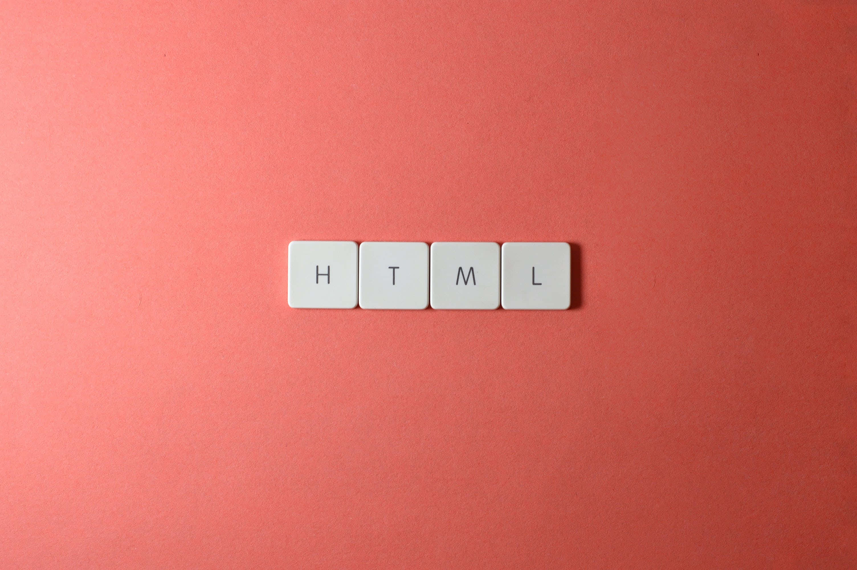 HTML, white square tiles, coral pink background, 2K Desktop Wallpaper