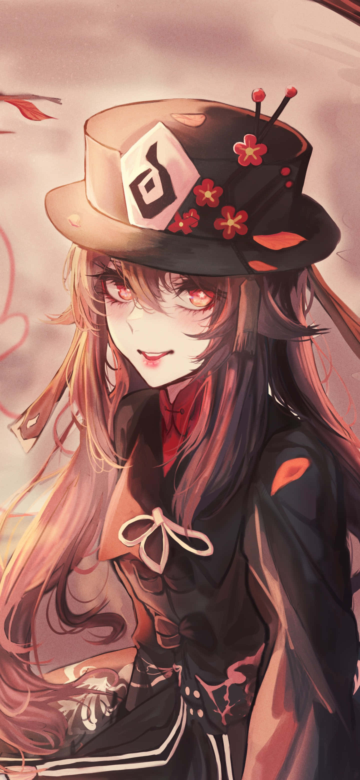 Hu Tao, black top hat, cherry blossoms, 2K Phone Wallpaper