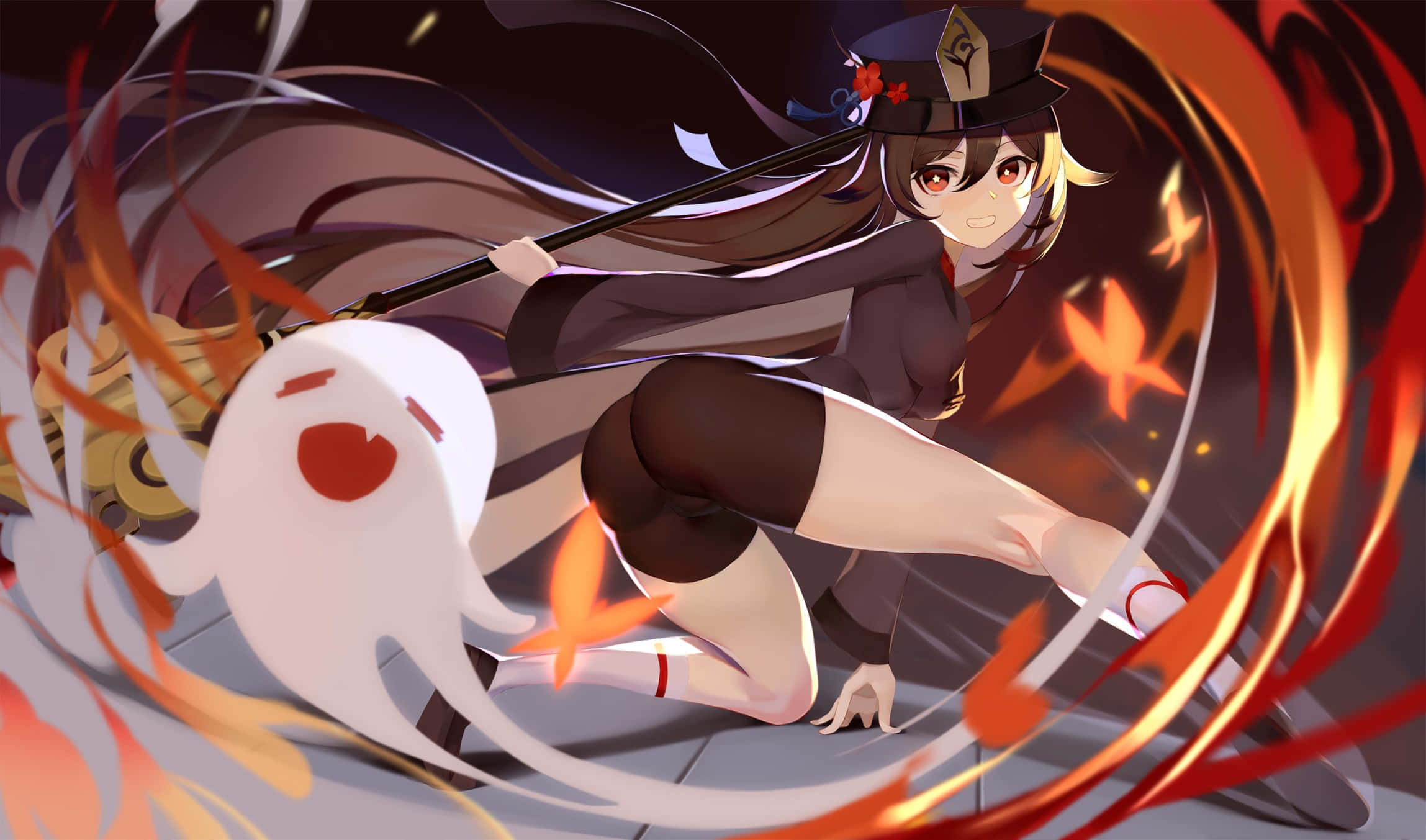 Hu Tao, black uniform, staff, Full HD Desktop Wallpaper
