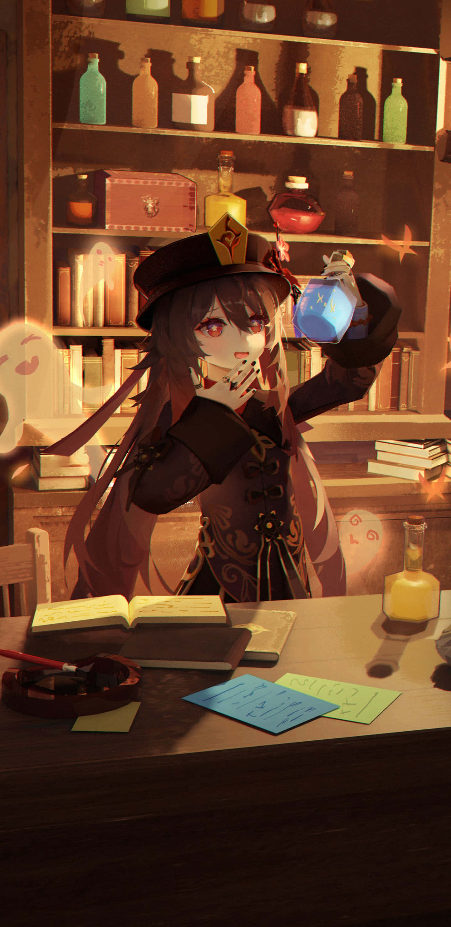 Hu Tao, glowing blue potion, warmly lit study, 2K Phone Wallpaper