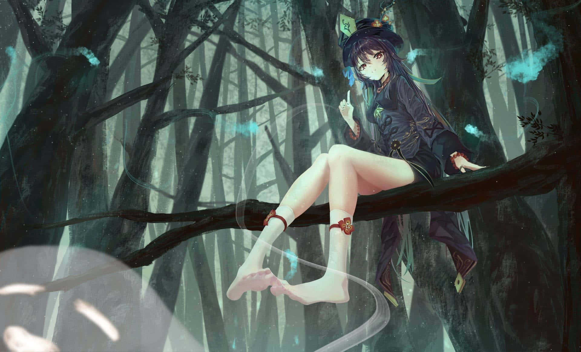 Hu Tao, tree branch, misty forest, Full HD Desktop Wallpaper
