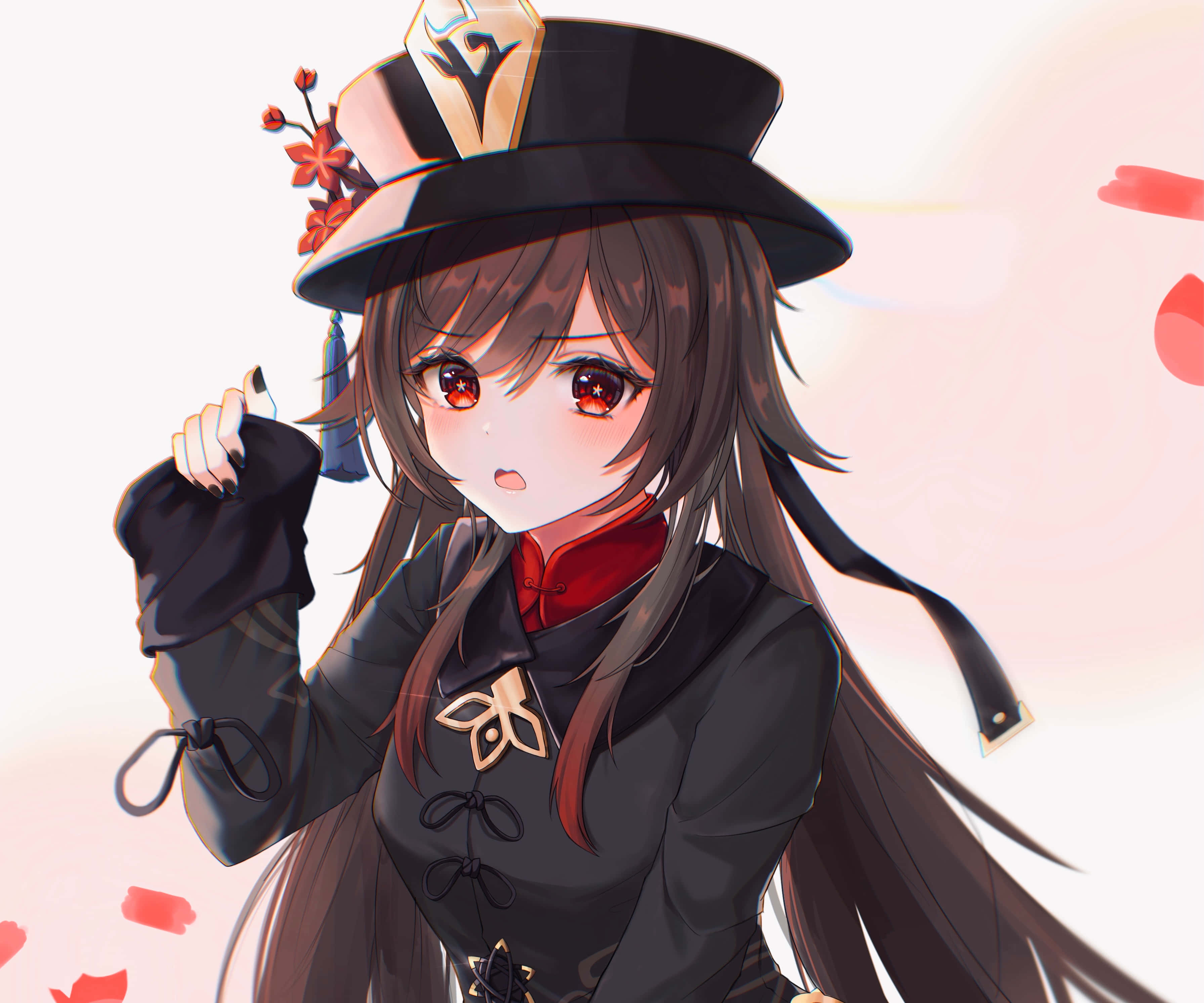 Hu Tao, red eyes, long brown hair, 2K Desktop Wallpaper